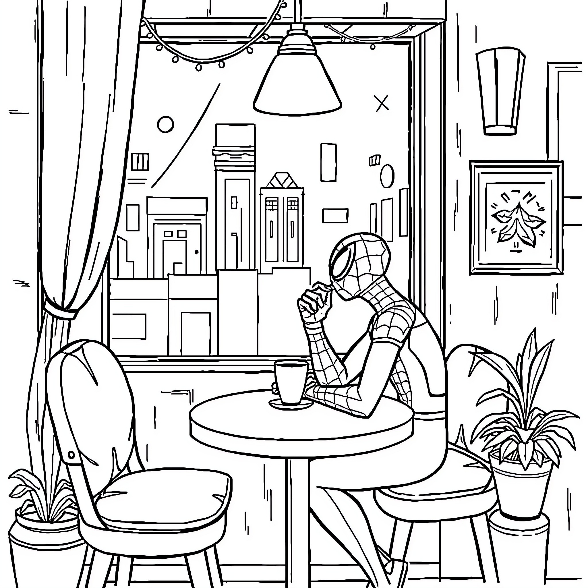 Spider-Man relaxing in a cozy cafe Coloring Page (free black-and-white line drawing printable PDF for all, from beginners to advanced learners, including children, teens, adults, and seniors)