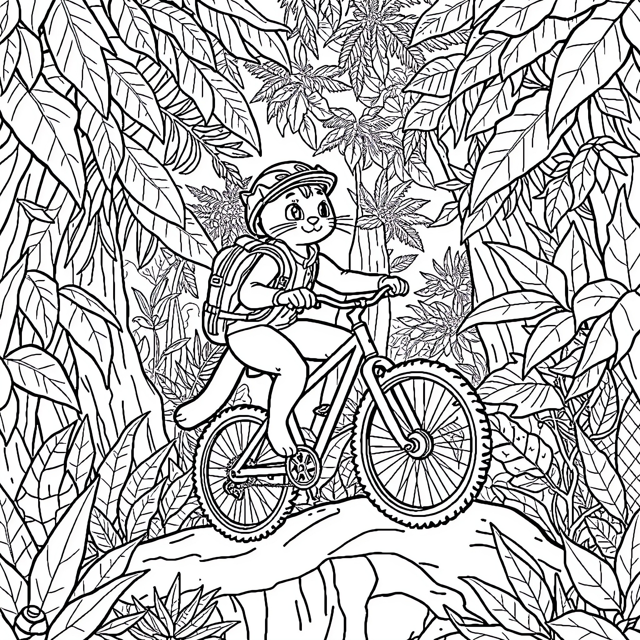 Chat with Nature on a Bicycle Coloring Page (free black-and-white line drawing printable PDF for all, from beginners to advanced learners, including children, teens, adults, and seniors)