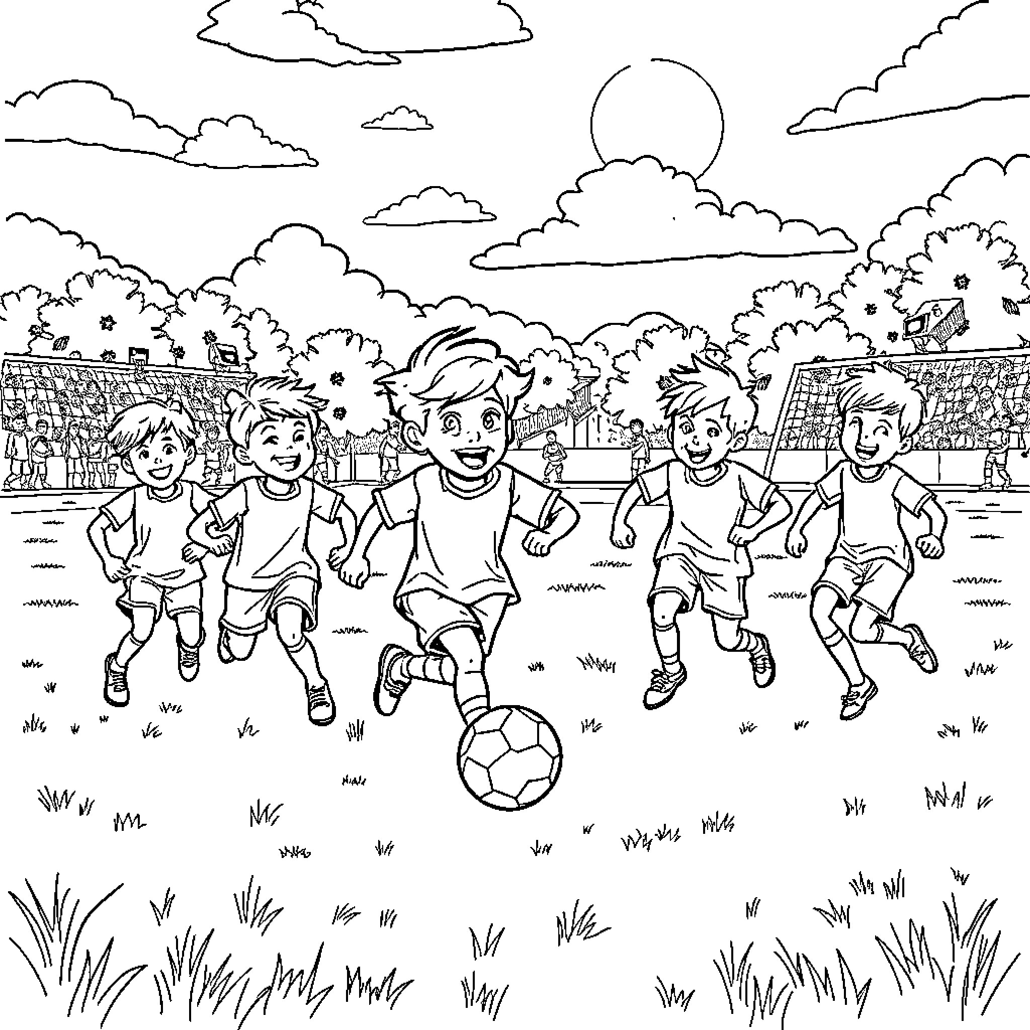 Kids playing soccer in the park Coloring Page (free black-and-white line drawing printable PDF for all, from beginners to advanced learners, including children, teens, adults, and seniors)