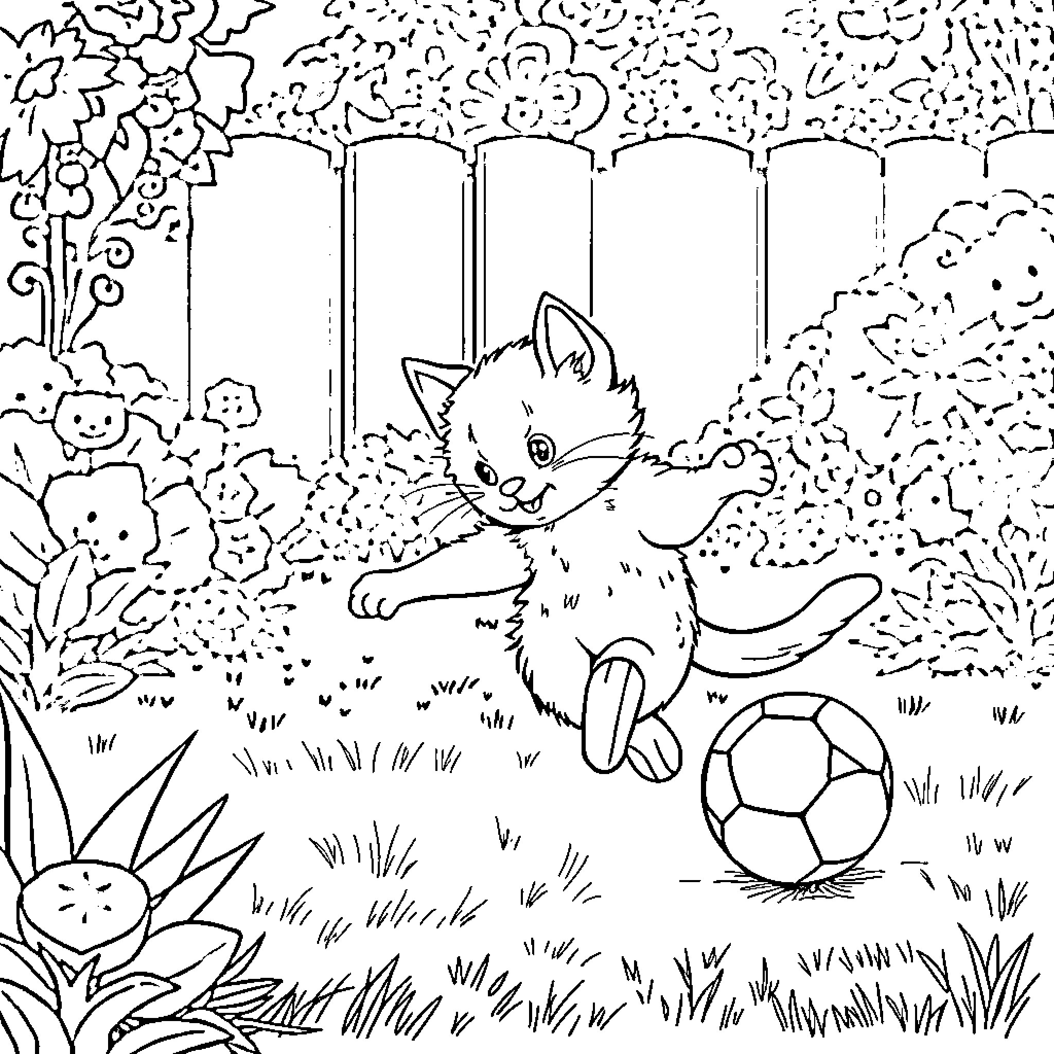 Cat playing with soccer ball in garden Coloring Page (free black-and-white line drawing printable PDF for all, from beginners to advanced learners, including children, teens, adults, and seniors)
