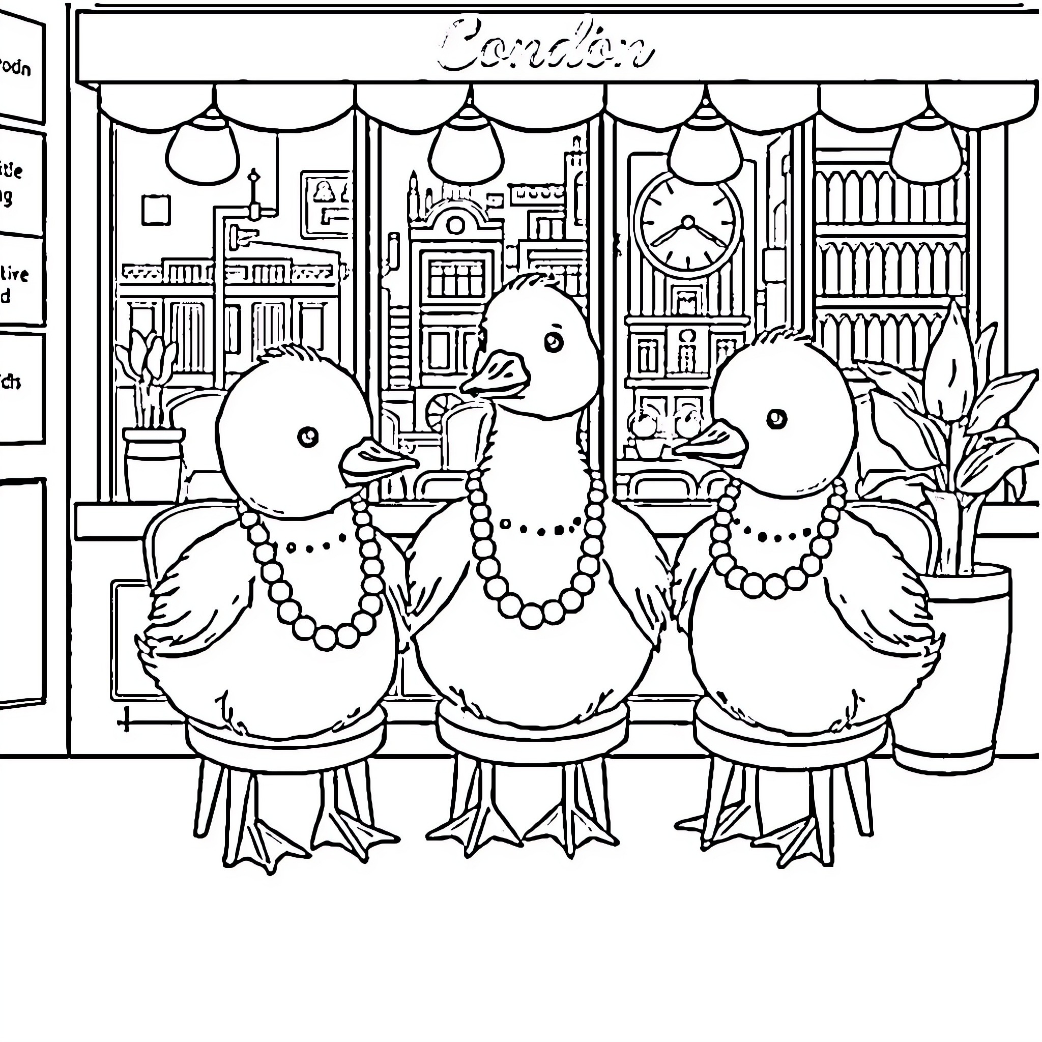 Duck Trio Enjoying the Cafe Scene Coloring Page (free black-and-white line drawing printable PDF for all, from beginners to advanced learners, including children, teens, adults, and seniors)