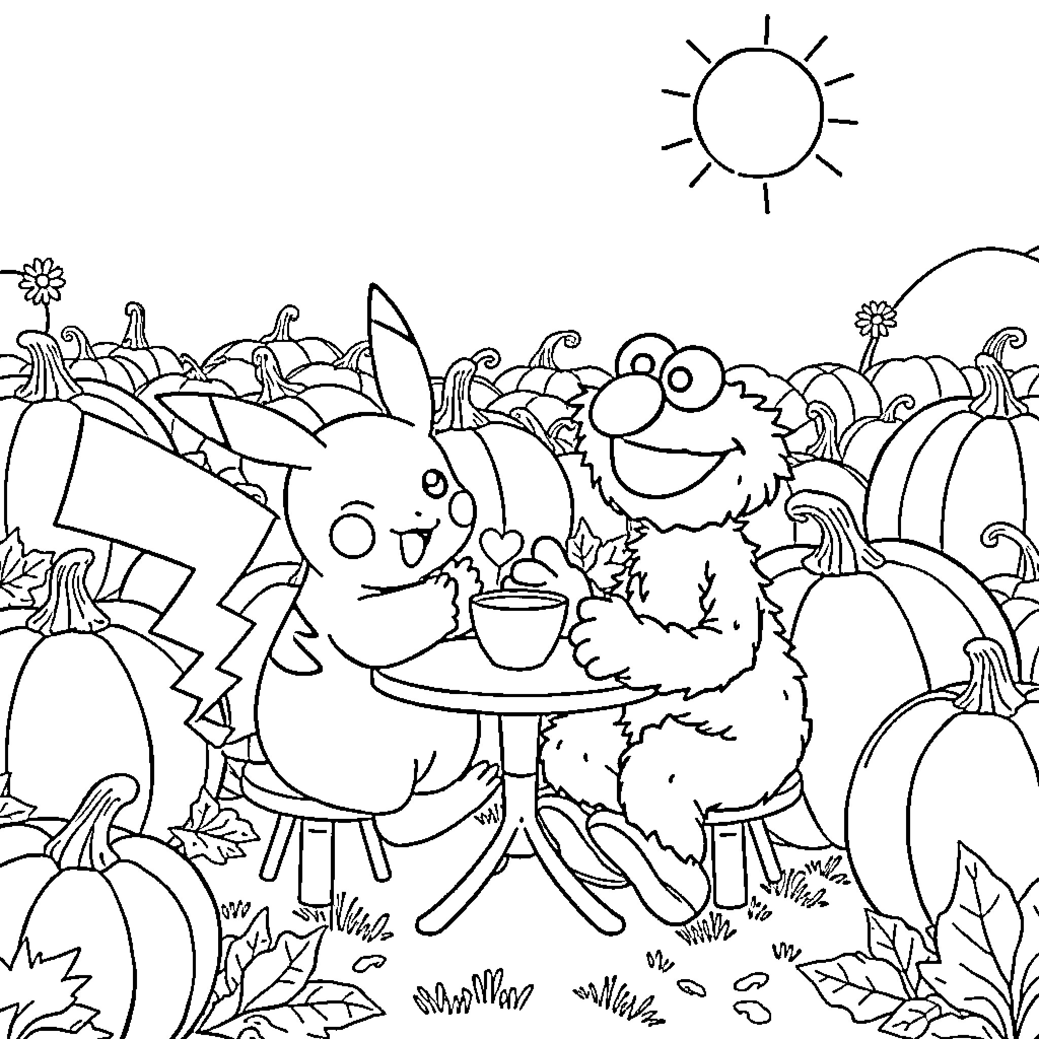 Pikachu and Furry Friend Sharing a Snack in the Pumpkin Patch Coloring Page (free black-and-white line drawing printable PDF for all, from beginners to advanced learners, including children, teens, adults, and seniors)