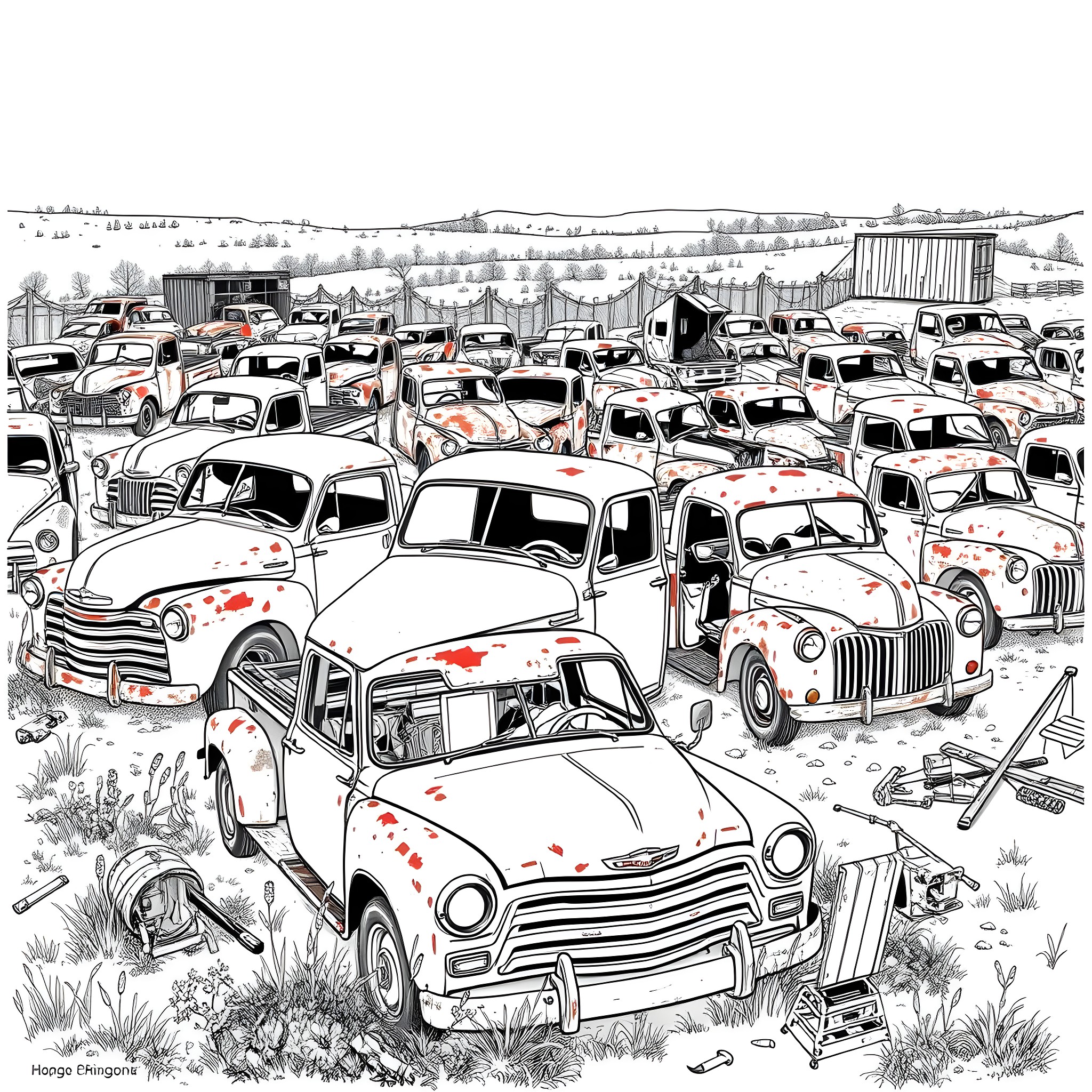 Pickup Truck Graveyard with Vintage Cars and Debris Coloring Page (free black-and-white line drawing printable PDF for all, from beginners to advanced learners, including children, teens, adults, and seniors)