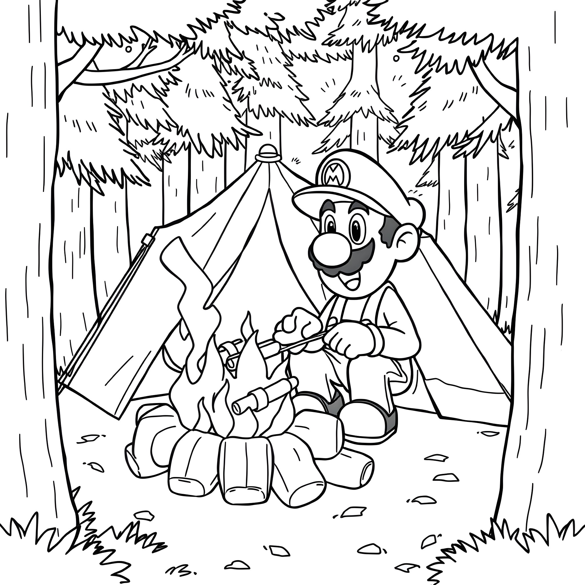 Mario camping in the forest with a campfire Coloring Page (free black-and-white line drawing printable PDF for all, from beginners to advanced learners, including children, teens, adults, and seniors)
