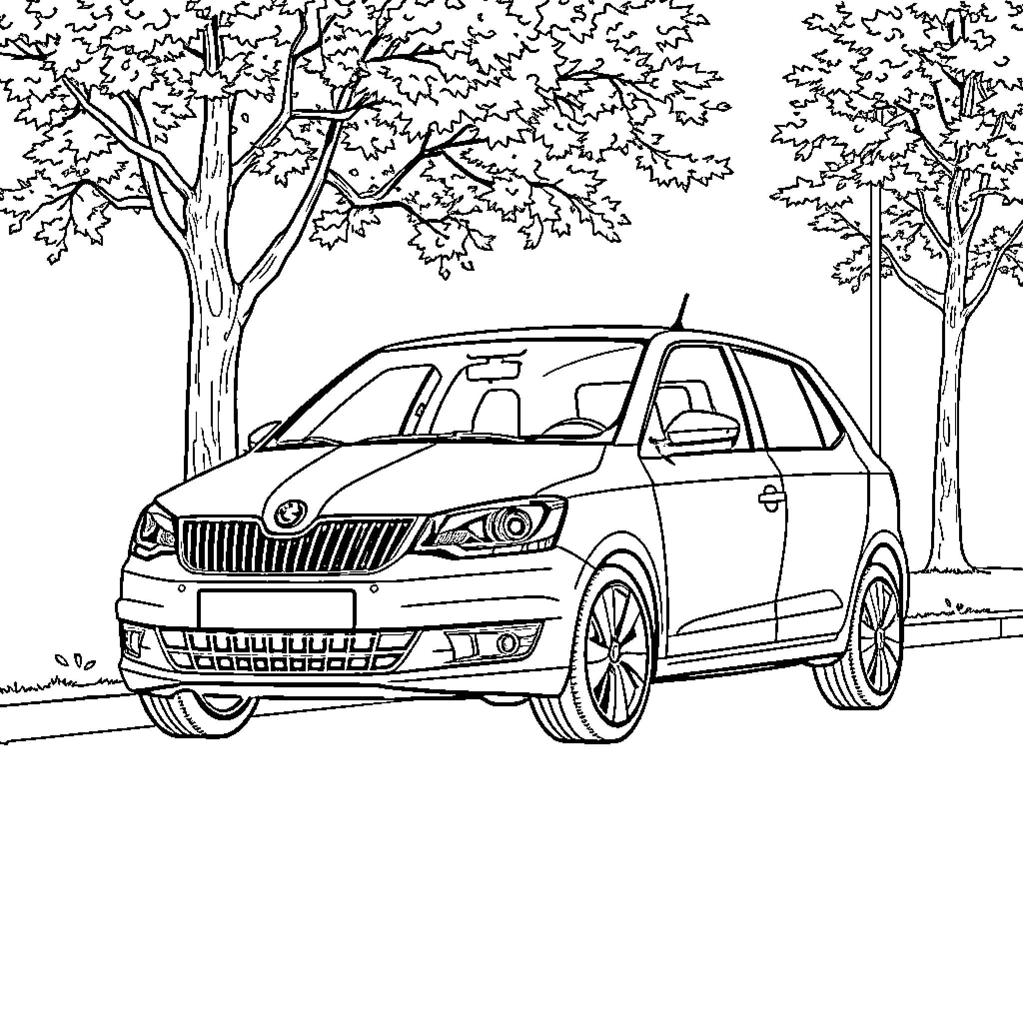 Skoda Fabia parked under trees in serene landscape Coloring Page (free black-and-white line drawing printable PDF for all, from beginners to advanced learners, including children, teens, adults, and seniors)