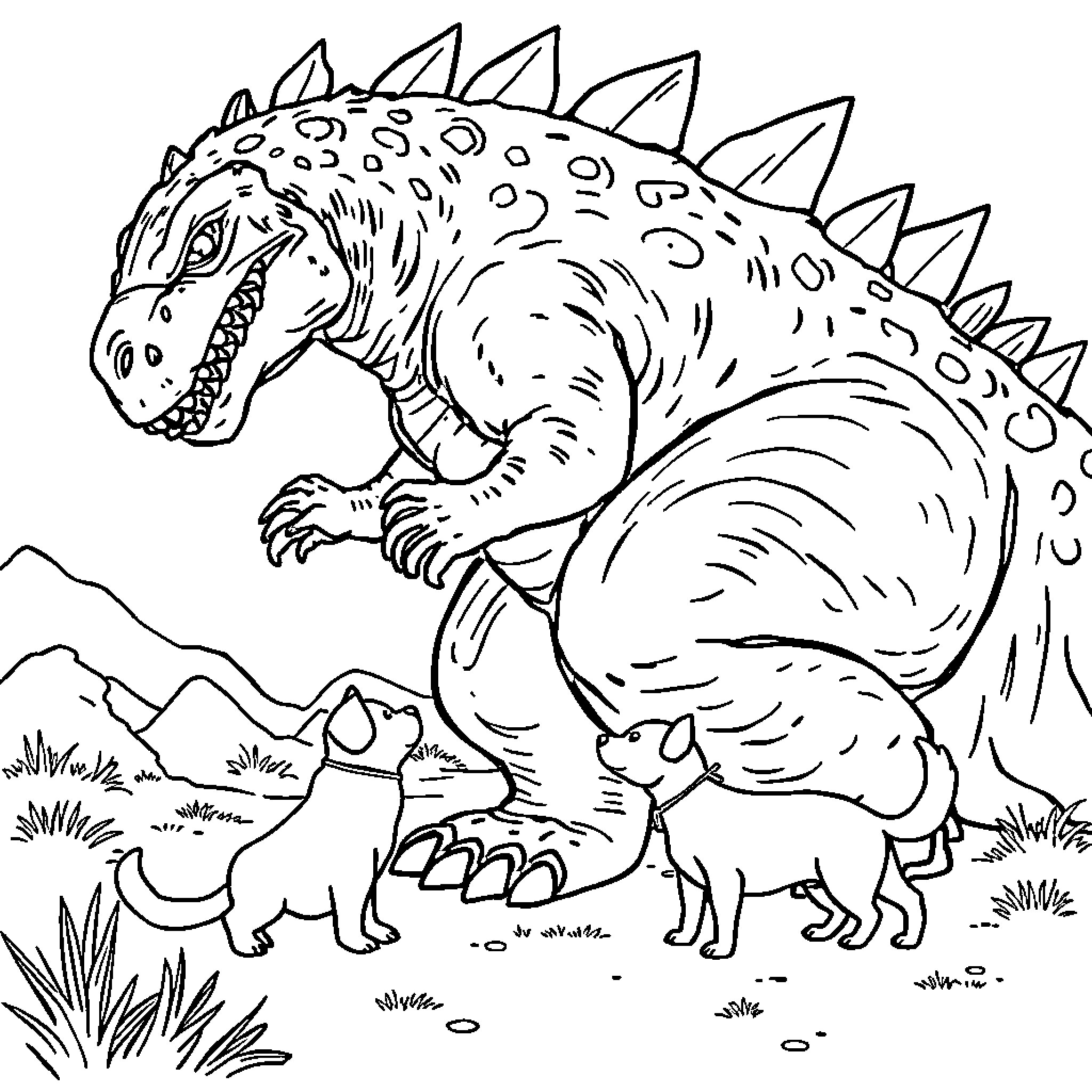Godzilla Stomping Through the Wilderness Coloring Page (free black-and-white line drawing printable PDF for all, from beginners to advanced learners, including children, teens, adults, and seniors)