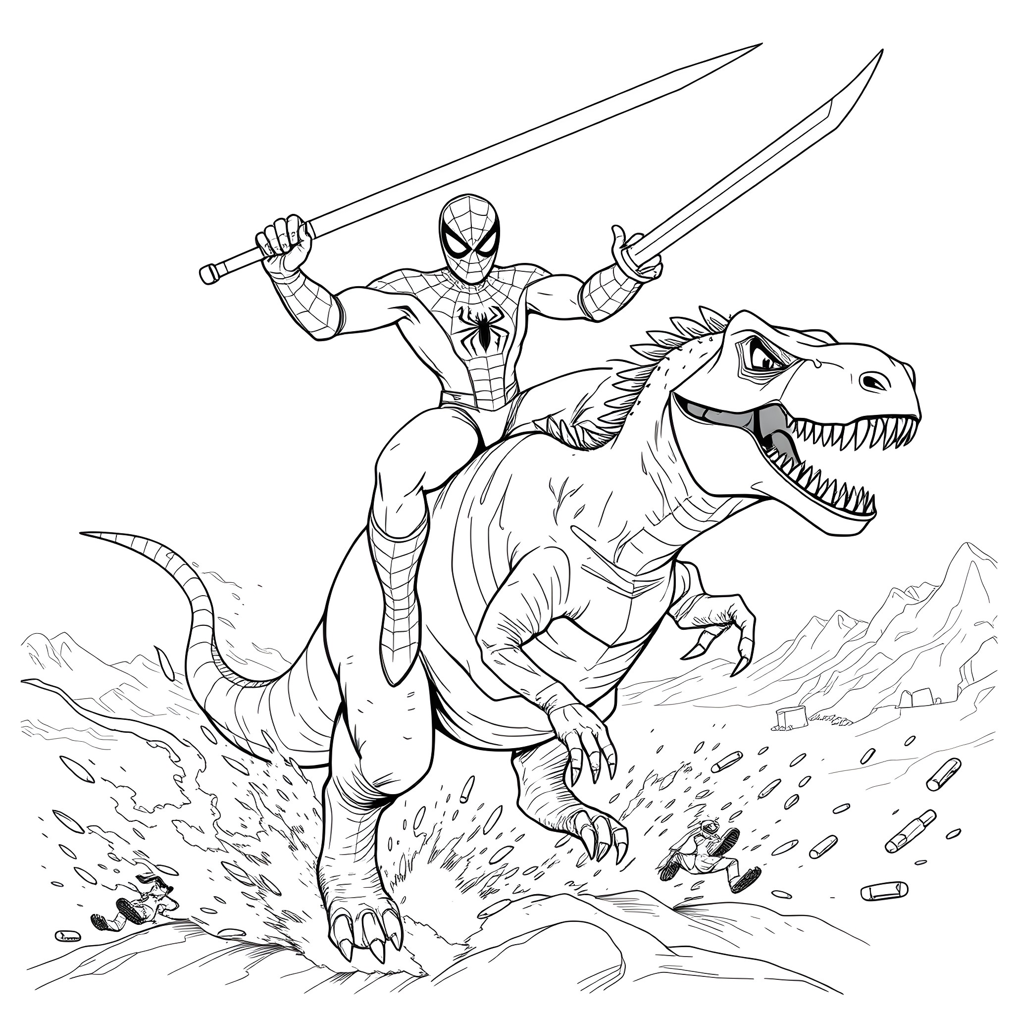 Spiderman riding a fearsome dinosaur into battle Coloring Page (free black-and-white line drawing printable PDF for all, from beginners to advanced learners, including children, teens, adults, and seniors)