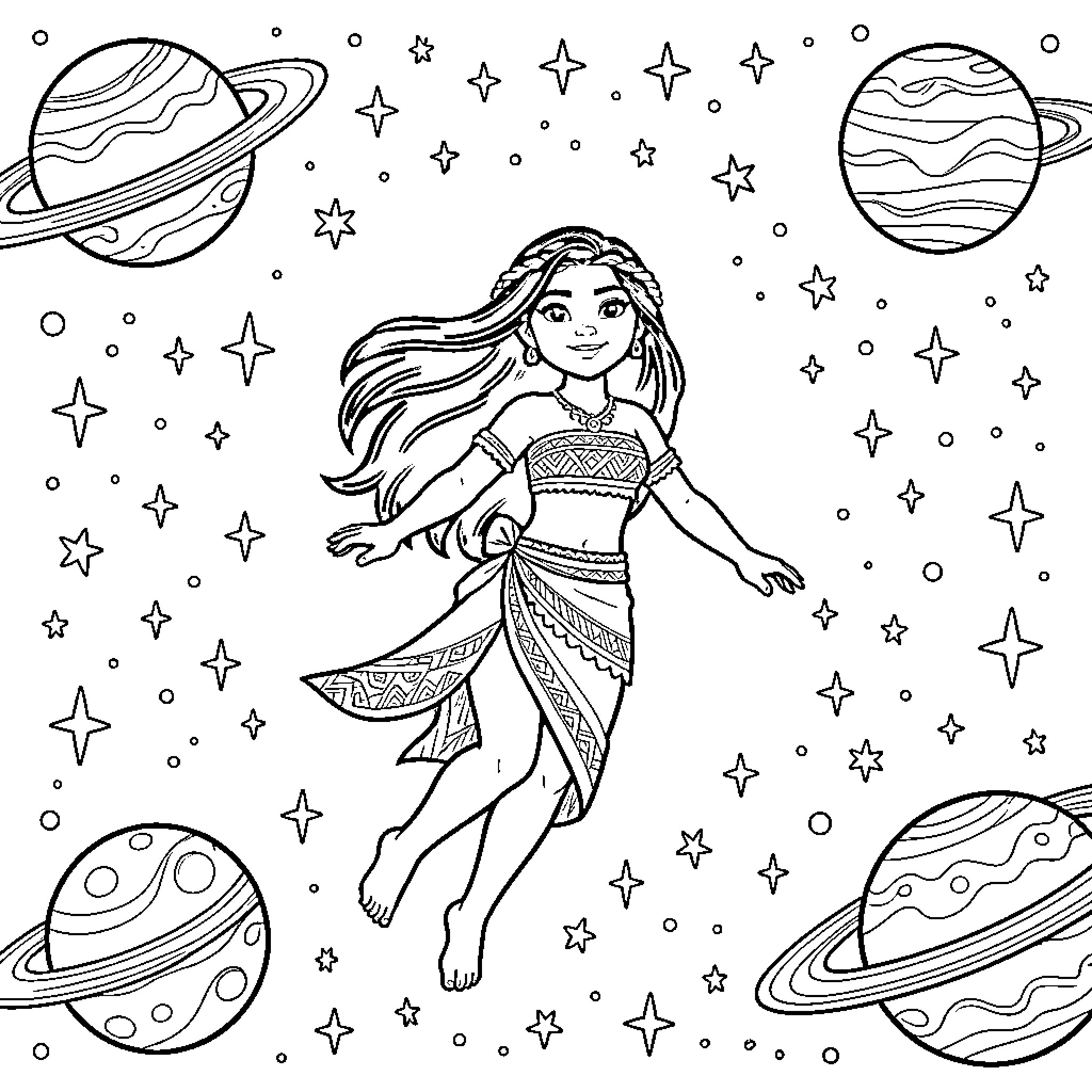 Moana floating through the starry night Coloring Page (free black-and-white line drawing printable PDF for all, from beginners to advanced learners, including children, teens, adults, and seniors)