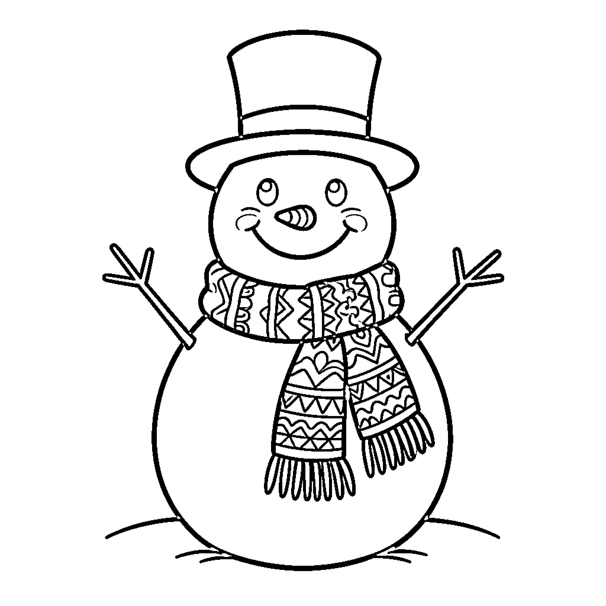 Snowman in a festive scarf and hat Coloring Page (free black-and-white line drawing printable PDF for all, from beginners to advanced learners, including children, teens, adults, and seniors)