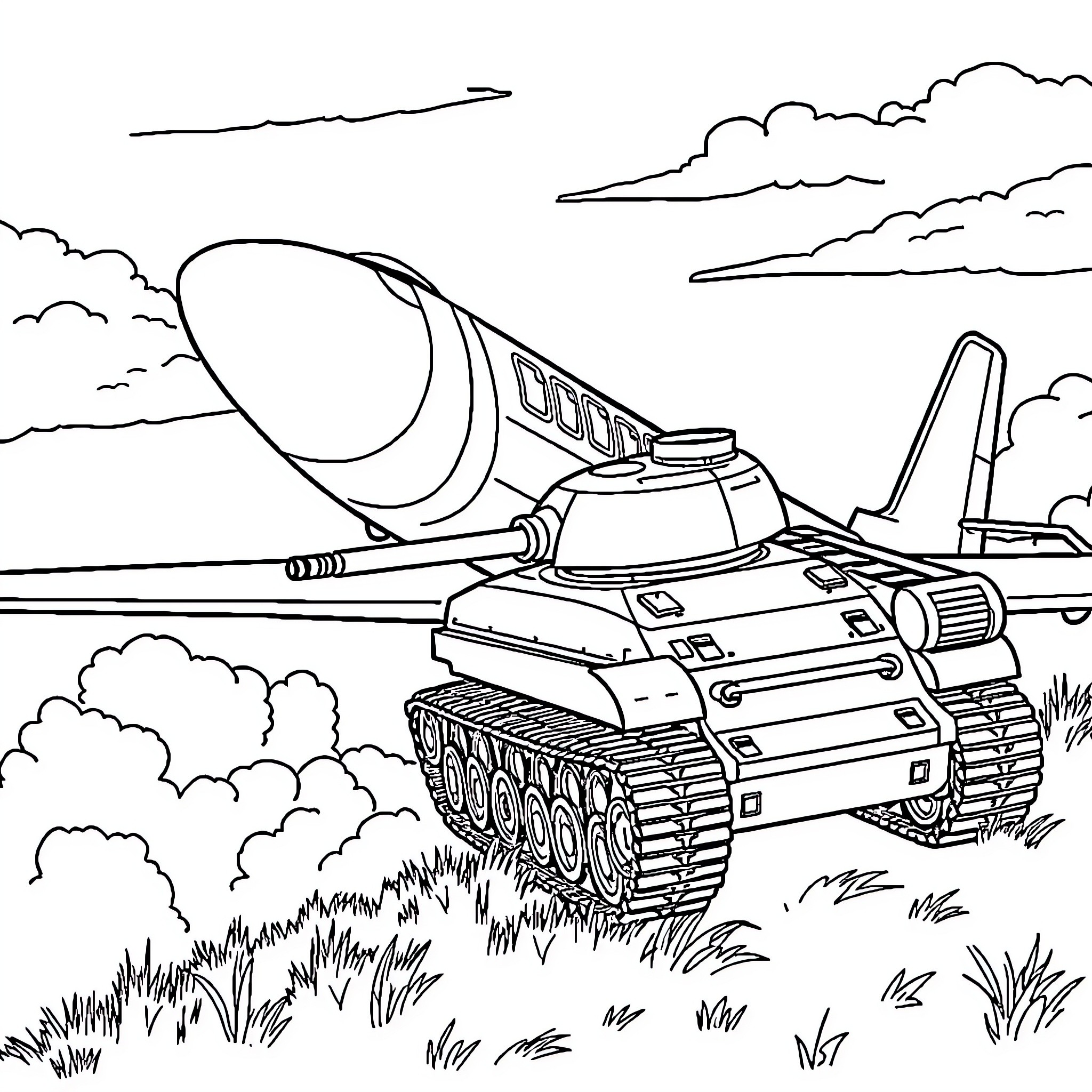Warplane on the move through a cloudy battlefield Coloring Page (free black-and-white line drawing printable PDF for all, from beginners to advanced learners, including children, teens, adults, and seniors)
