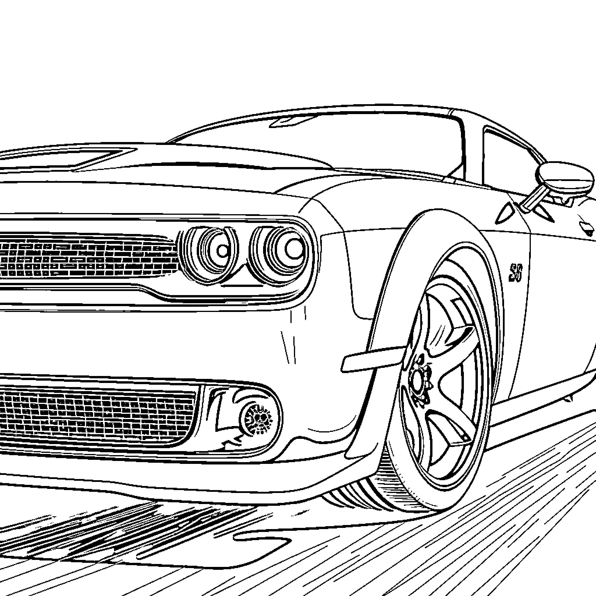 Dodge Challenger speeding down the road Coloring Page (free black-and-white line drawing printable PDF for all, from beginners to advanced learners, including children, teens, adults, and seniors)