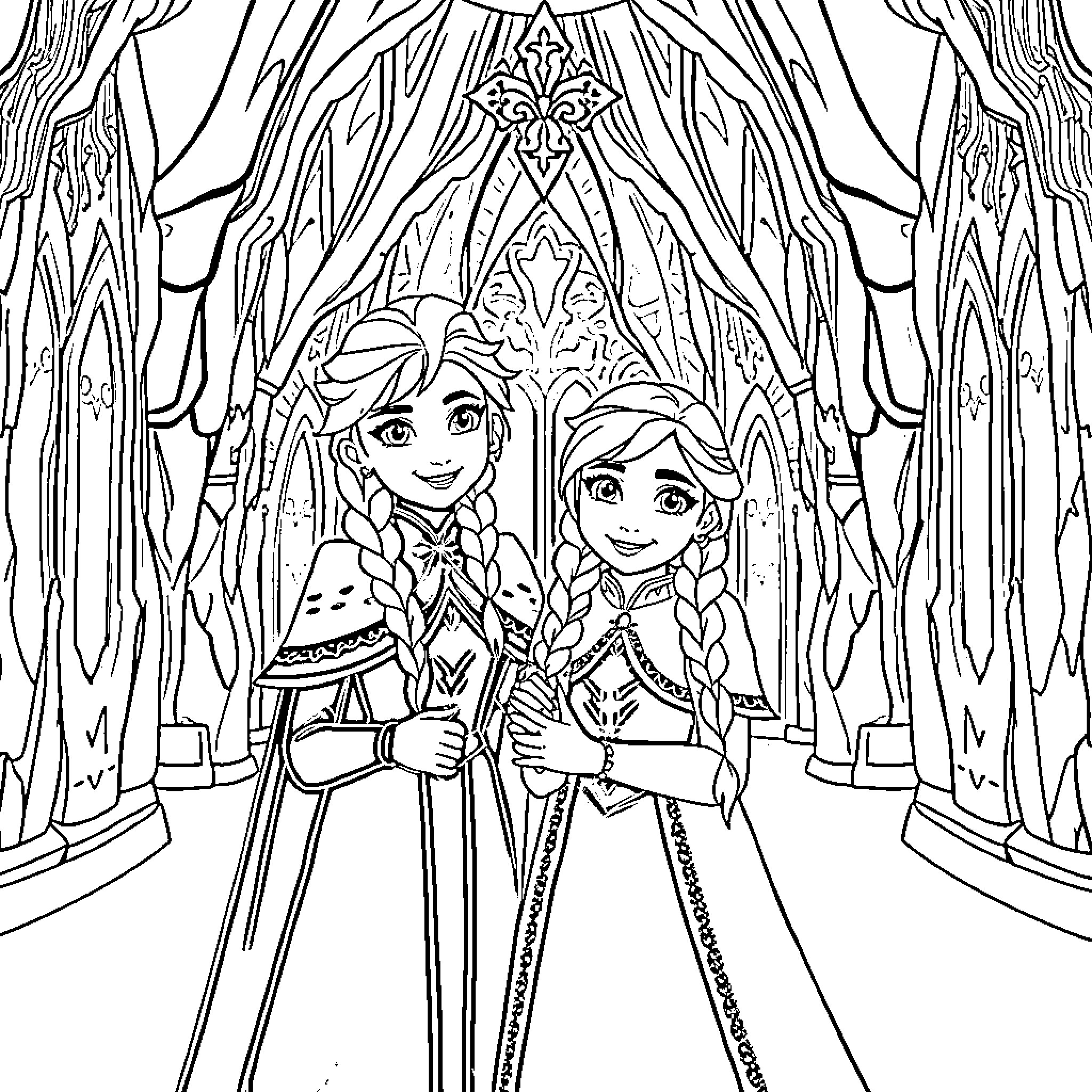 Elsa and Anna in Magical Castle Coloring Page (free black-and-white line drawing printable PDF for all, from beginners to advanced learners, including children, teens, adults, and seniors)