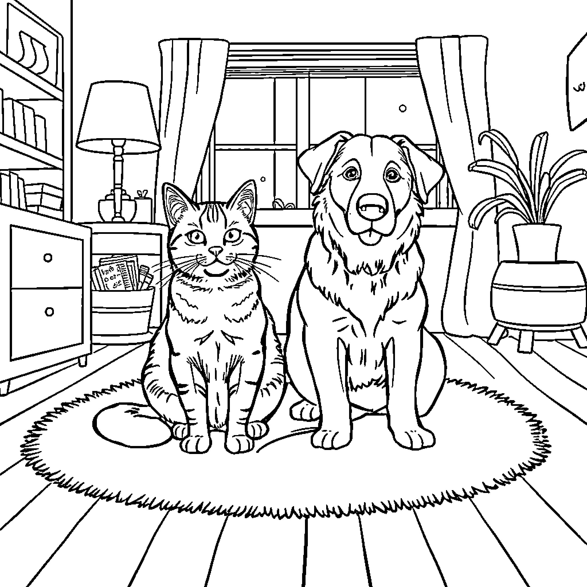 Cat and Dog Posing in Cozy Living Room Coloring Page (free black-and-white line drawing printable PDF for all, from beginners to advanced learners, including children, teens, adults, and seniors)