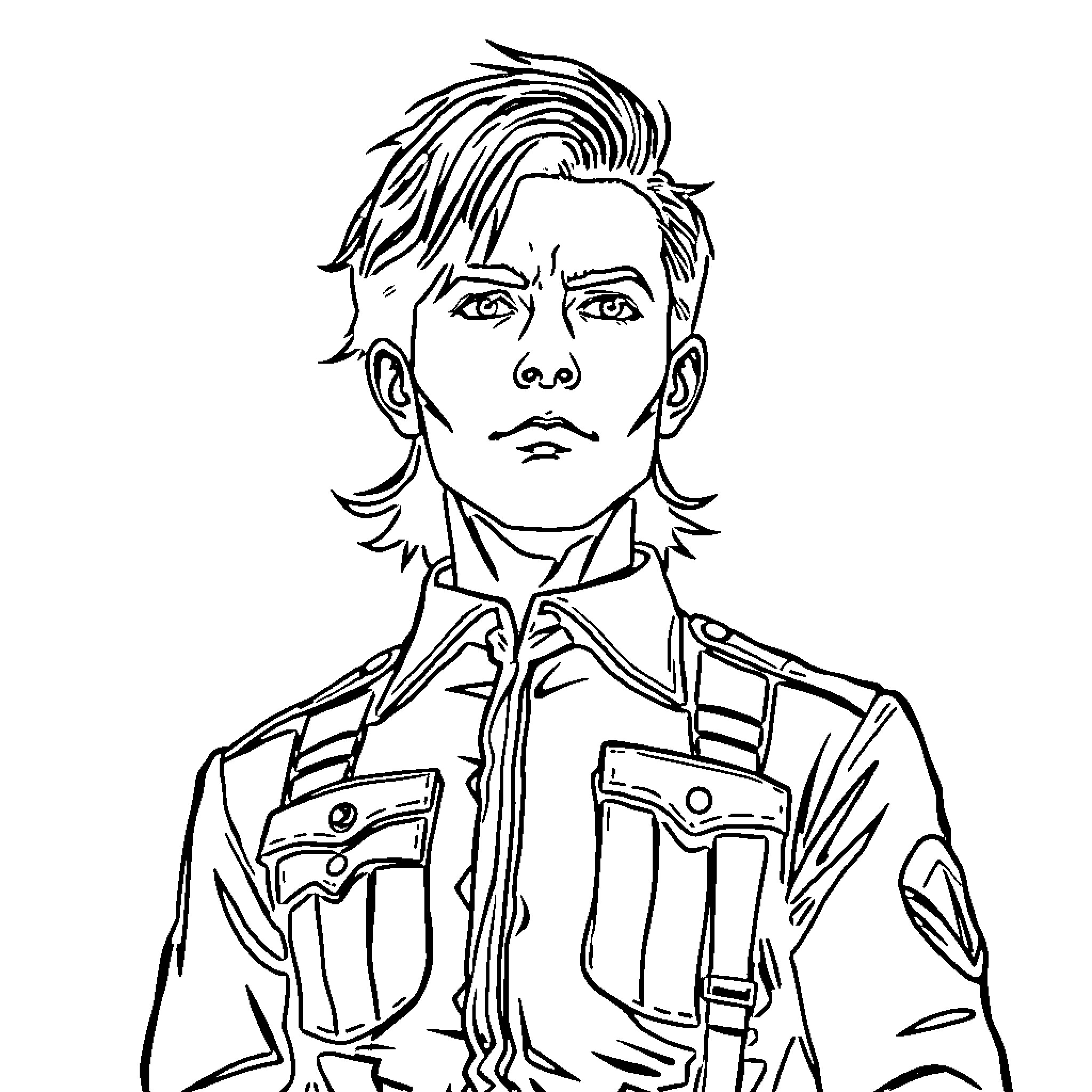 Levi Ackerman in Military Uniform with Determined Expression Coloring Page (free black-and-white line drawing printable PDF for all, from beginners to advanced learners, including children, teens, adults, and seniors)