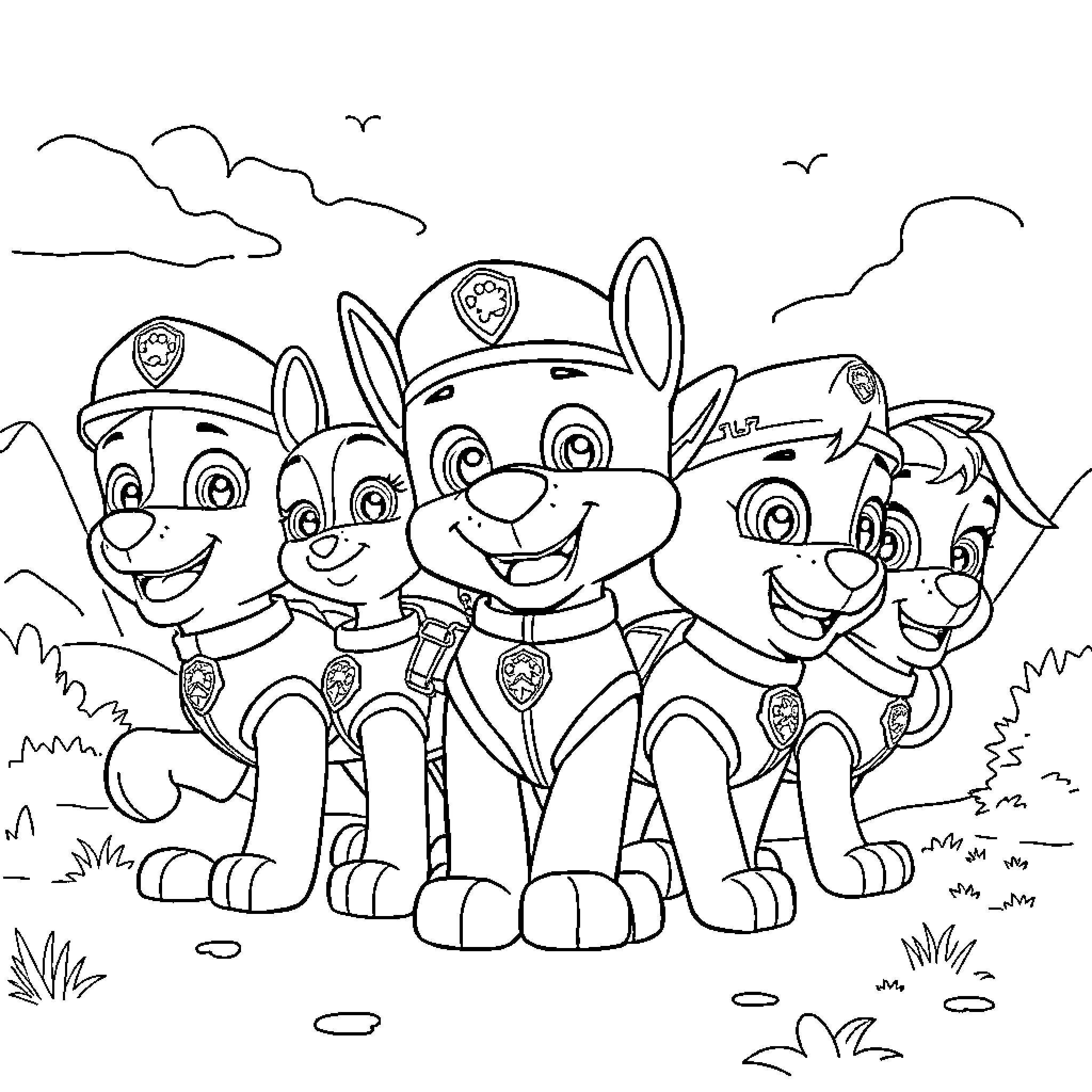 Paw Patrol pups smiling together in a group pose Coloring Page (free black-and-white line drawing printable PDF for all, from beginners to advanced learners, including children, teens, adults, and seniors)