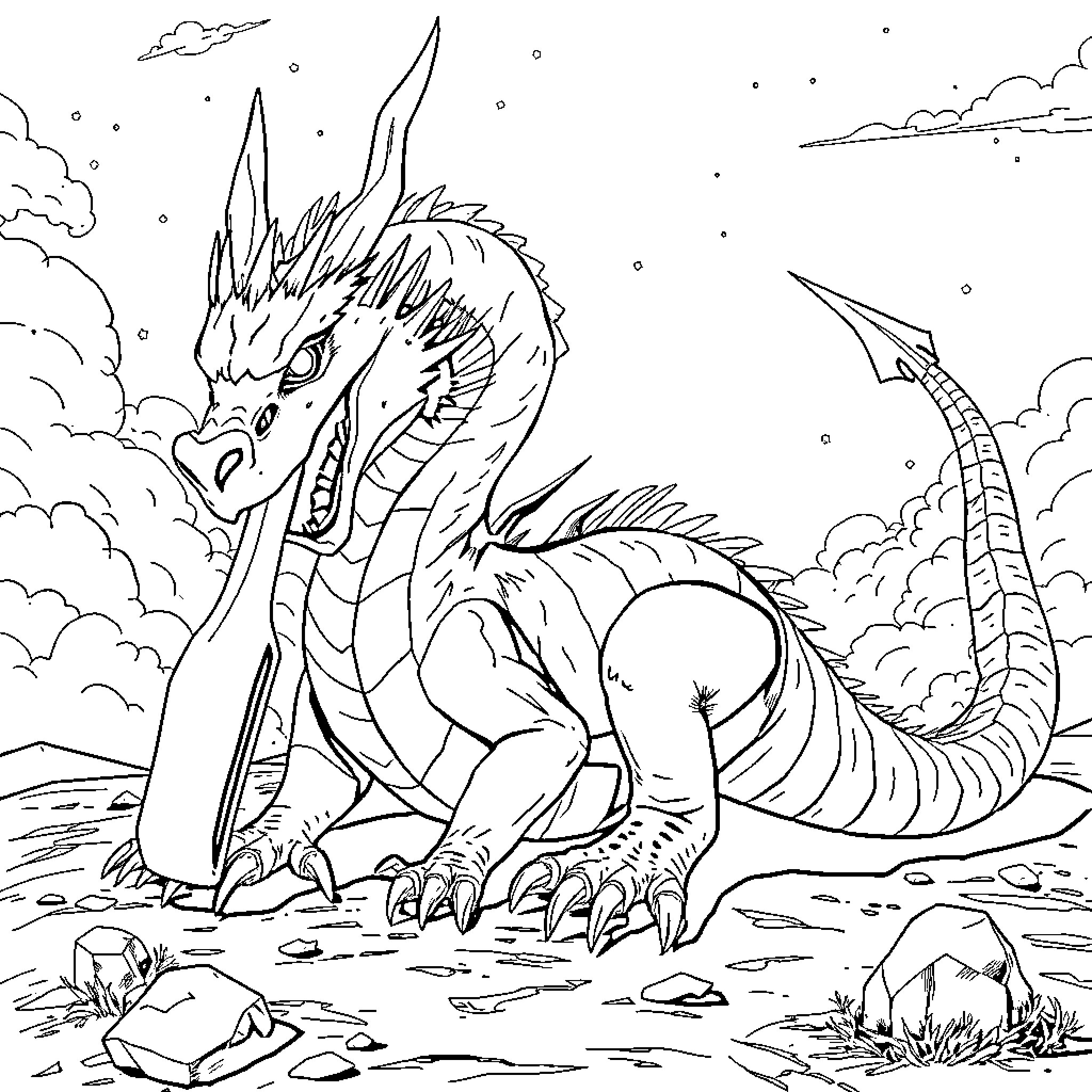 Dragon breathing fire in a fantasy landscape Coloring Page (free black-and-white line drawing printable PDF for all, from beginners to advanced learners, including children, teens, adults, and seniors)