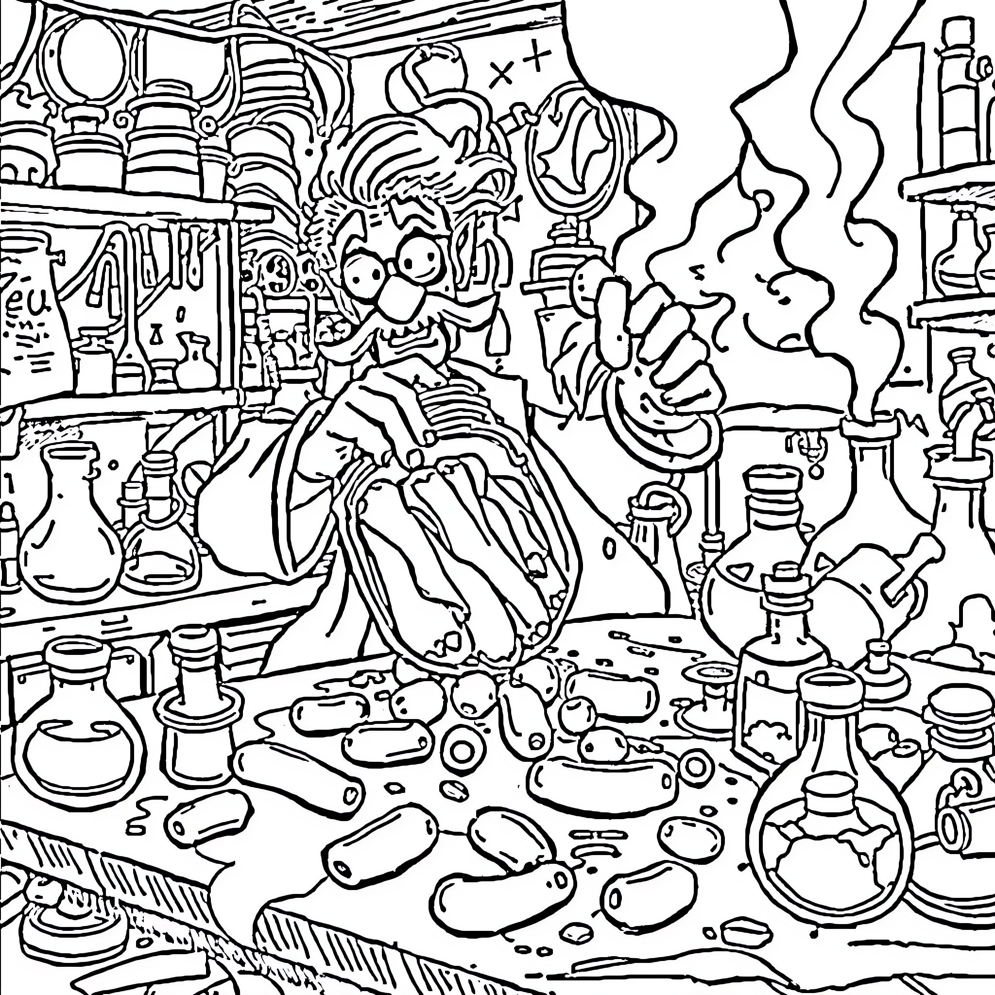 Scientist conducting experiments in a cluttered laboratory Coloring Page (free black-and-white line drawing printable PDF for all, from beginners to advanced learners, including children, teens, adults, and seniors)
