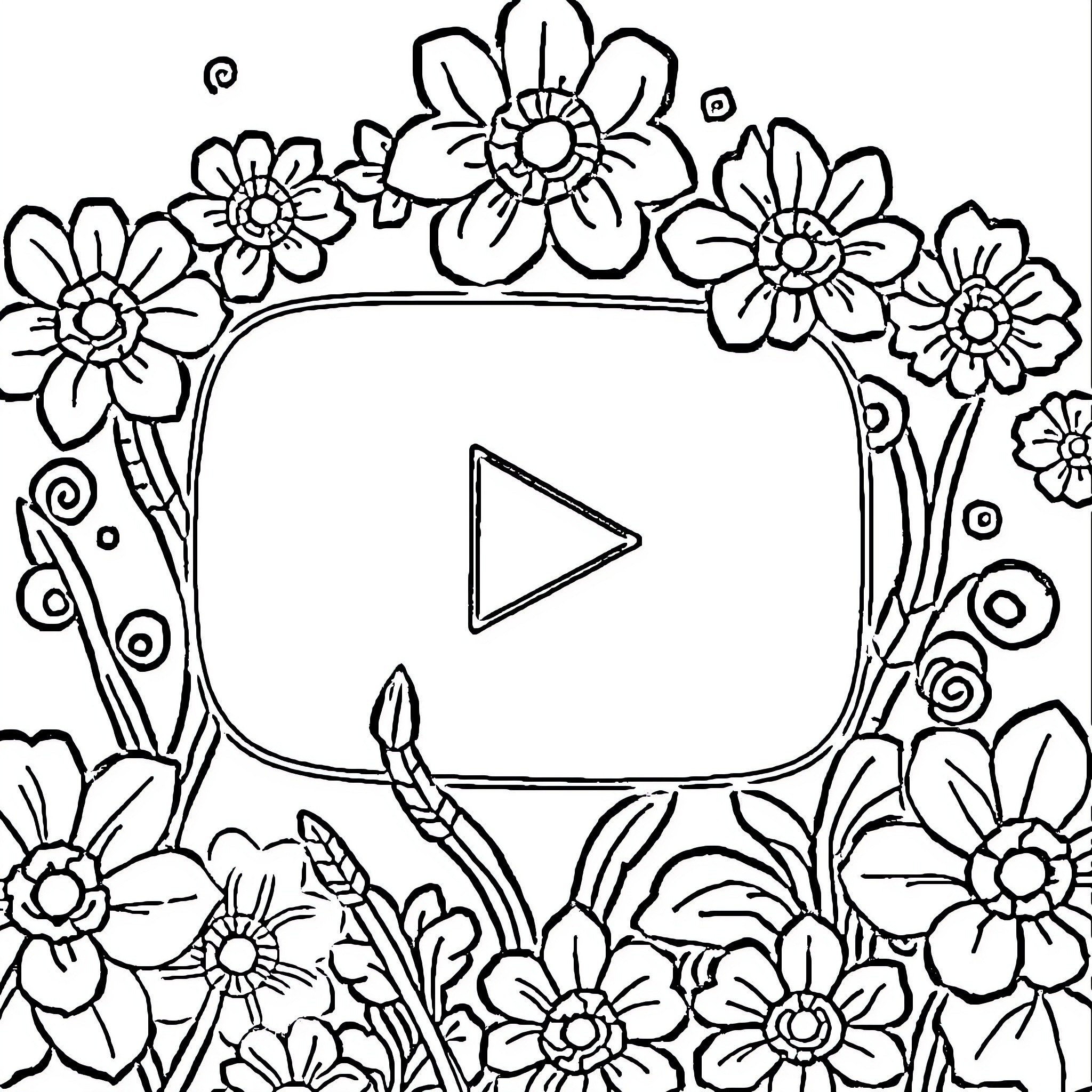 YouTube Floral Frame with Play Button Coloring Page (free black-and-white line drawing printable PDF for all, from beginners to advanced learners, including children, teens, adults, and seniors)