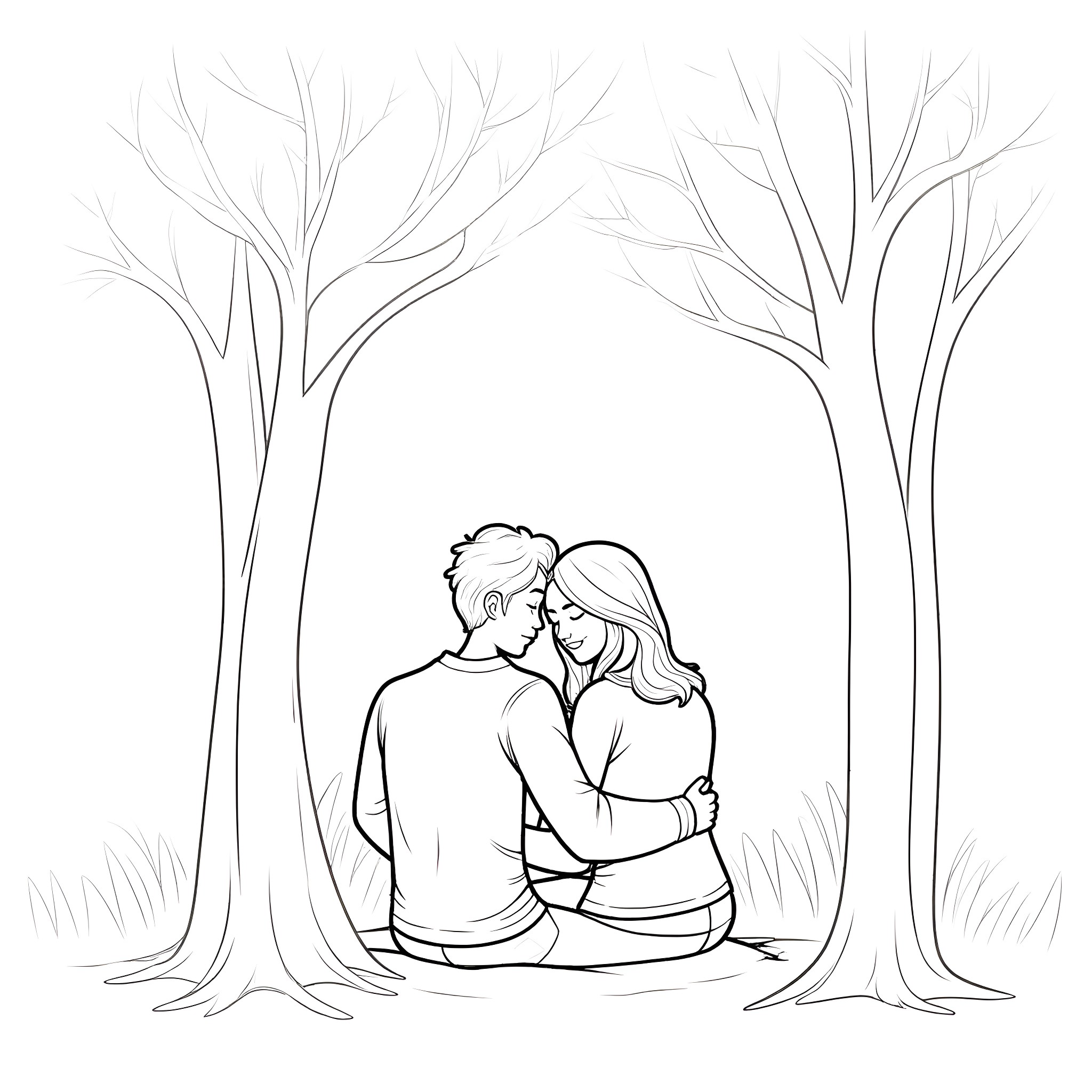 Couple embracing under the trees Coloring Page (free black-and-white line drawing printable PDF for all, from beginners to advanced learners, including children, teens, adults, and seniors)