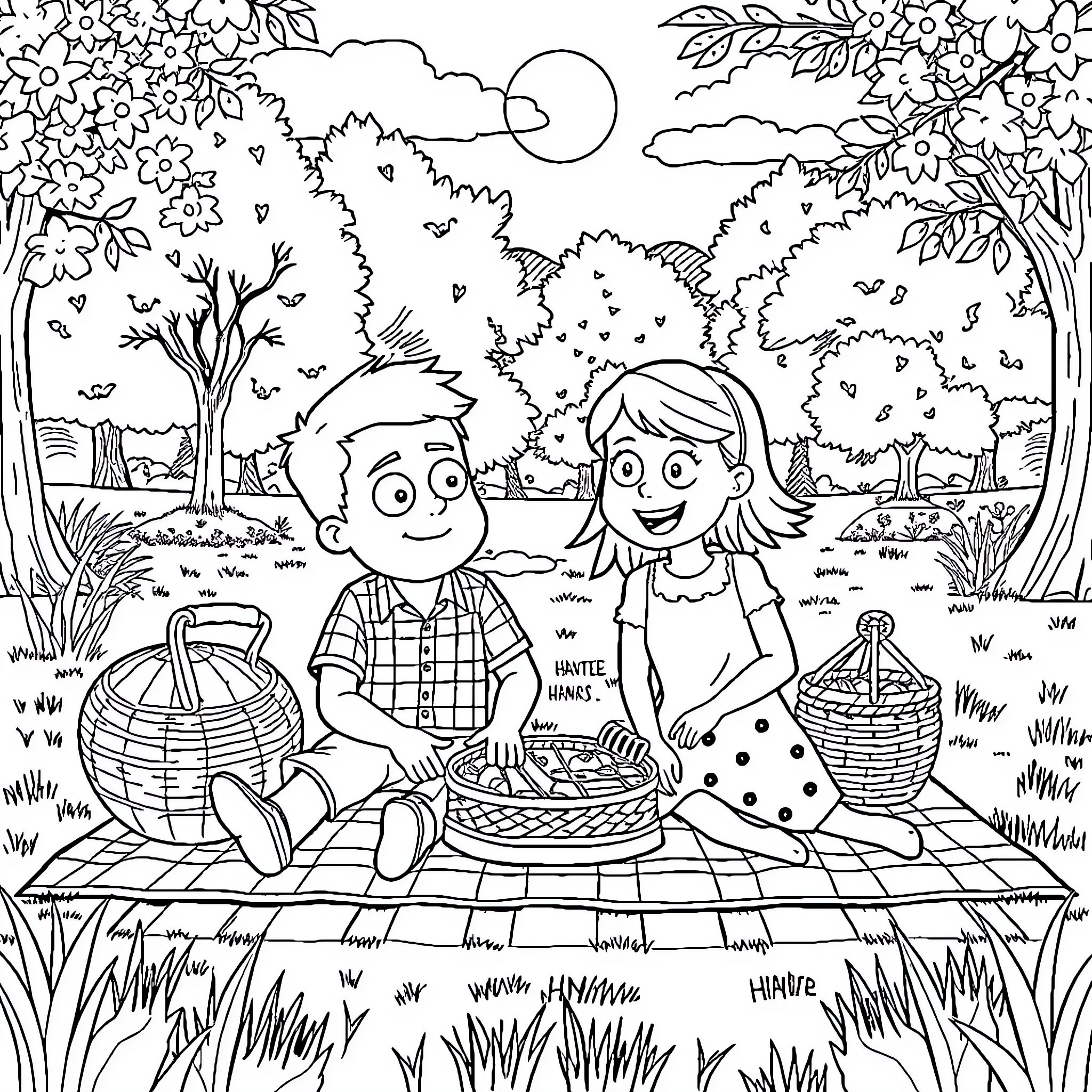 Carl and Ellie's Picnic in the Park Coloring Page (free black-and-white line drawing printable PDF for all, from beginners to advanced learners, including children, teens, adults, and seniors)
