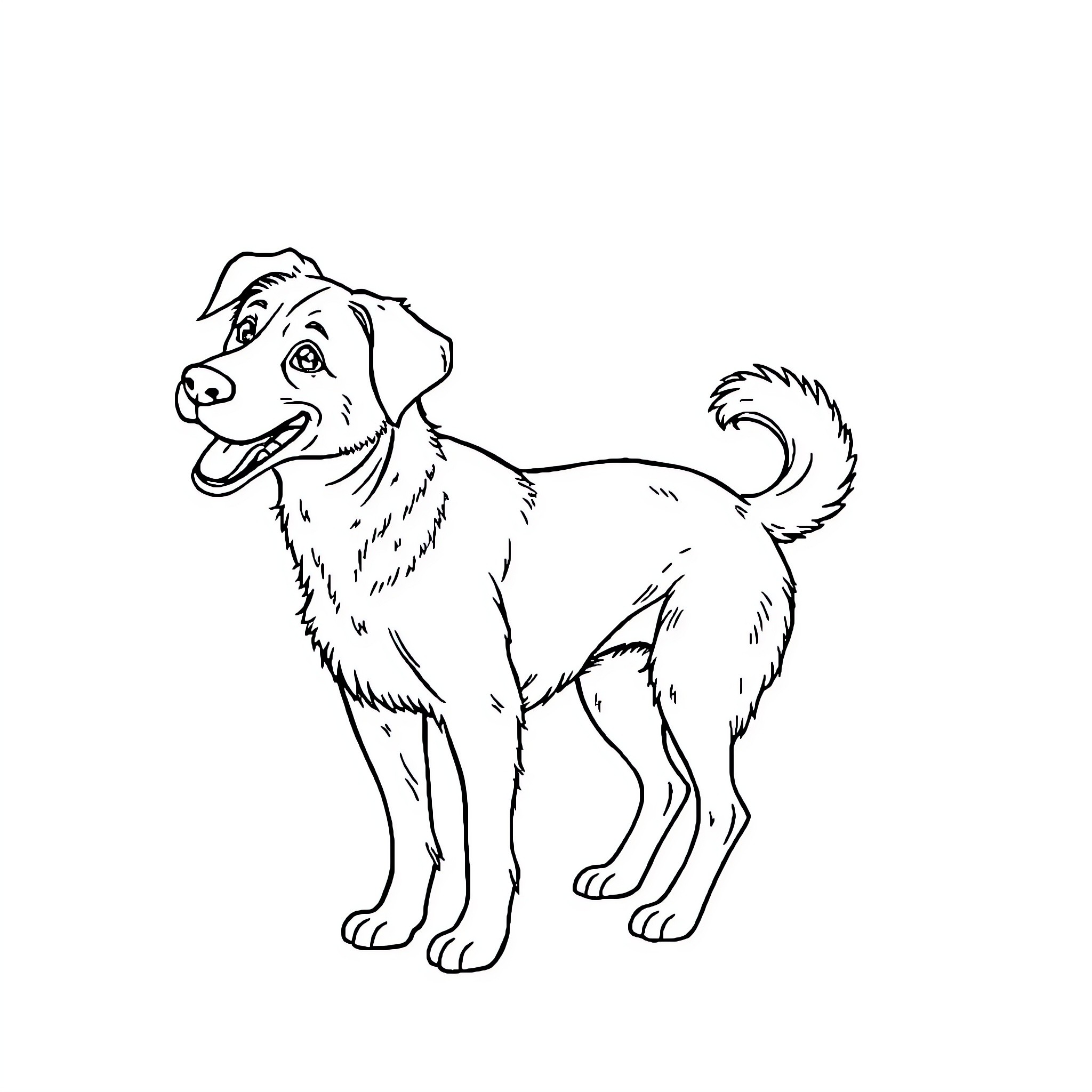 Dog standing happily with open mouth Coloring Page (free black-and-white line drawing printable PDF for all, from beginners to advanced learners, including children, teens, adults, and seniors)