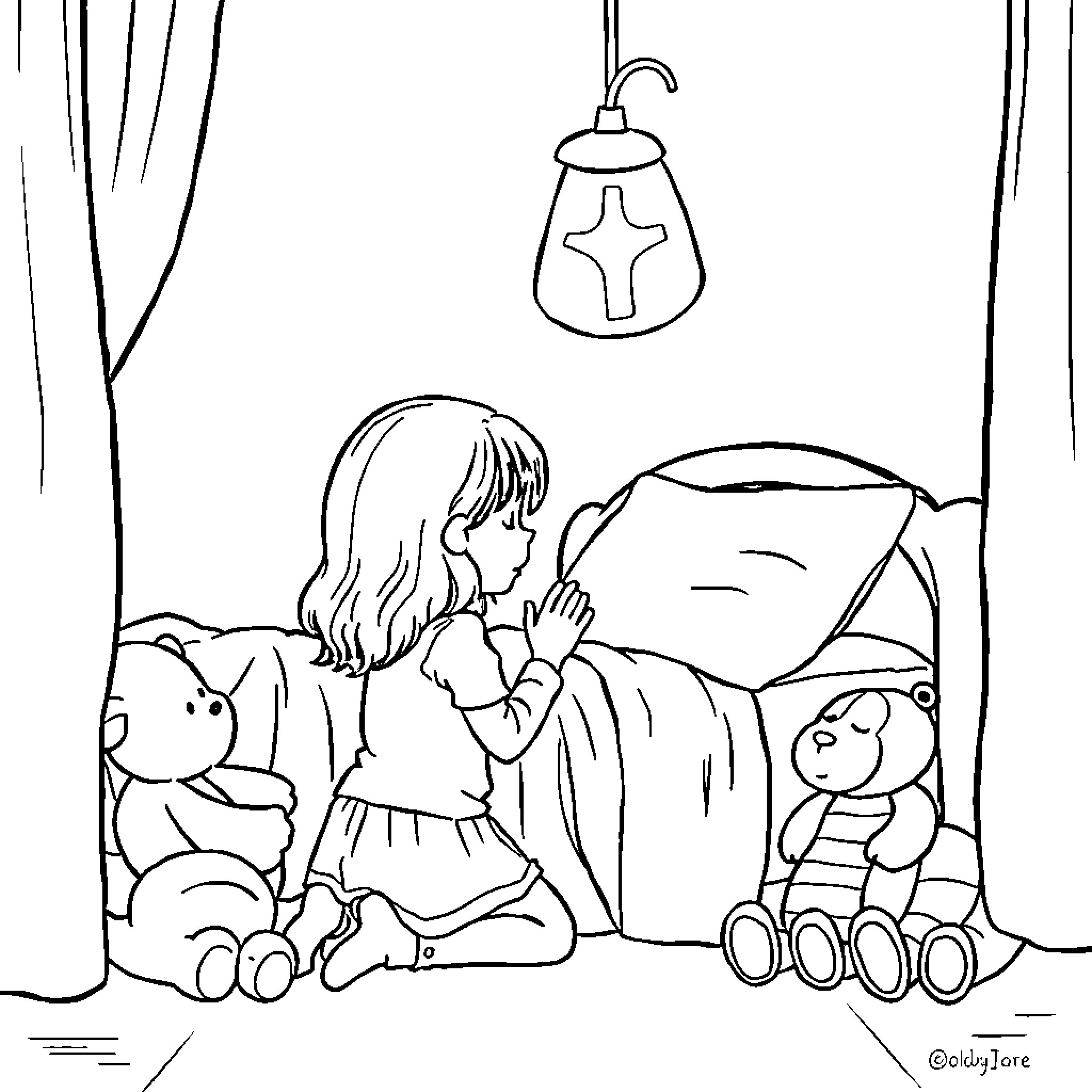 Bluey praying with stuffed animals in bedroom Coloring Page (free black-and-white line drawing printable PDF for all, from beginners to advanced learners, including children, teens, adults, and seniors)