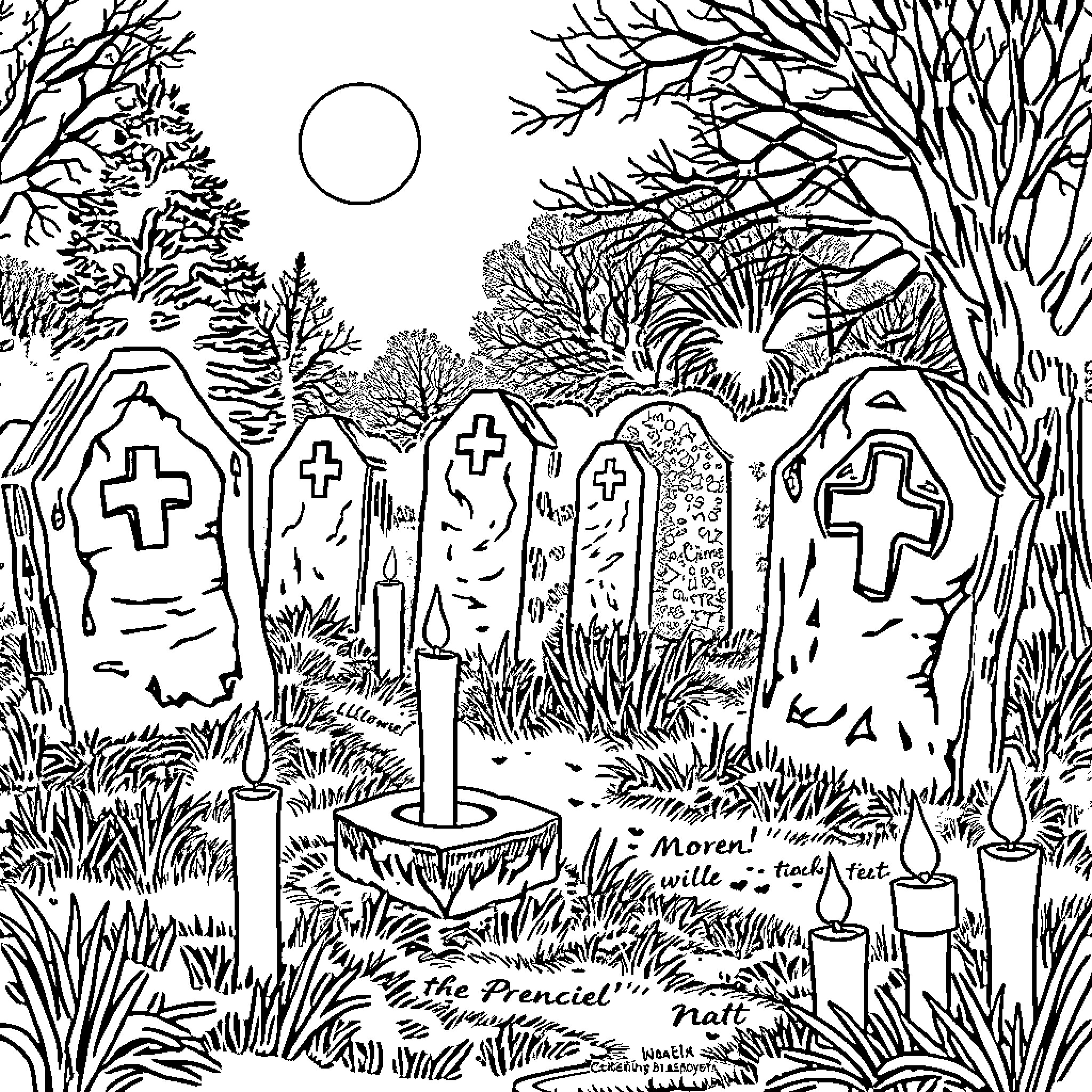 Candle-lit graveyard scene with eerie atmosphere Coloring Page (free black-and-white line drawing printable PDF for all, from beginners to advanced learners, including children, teens, adults, and seniors)