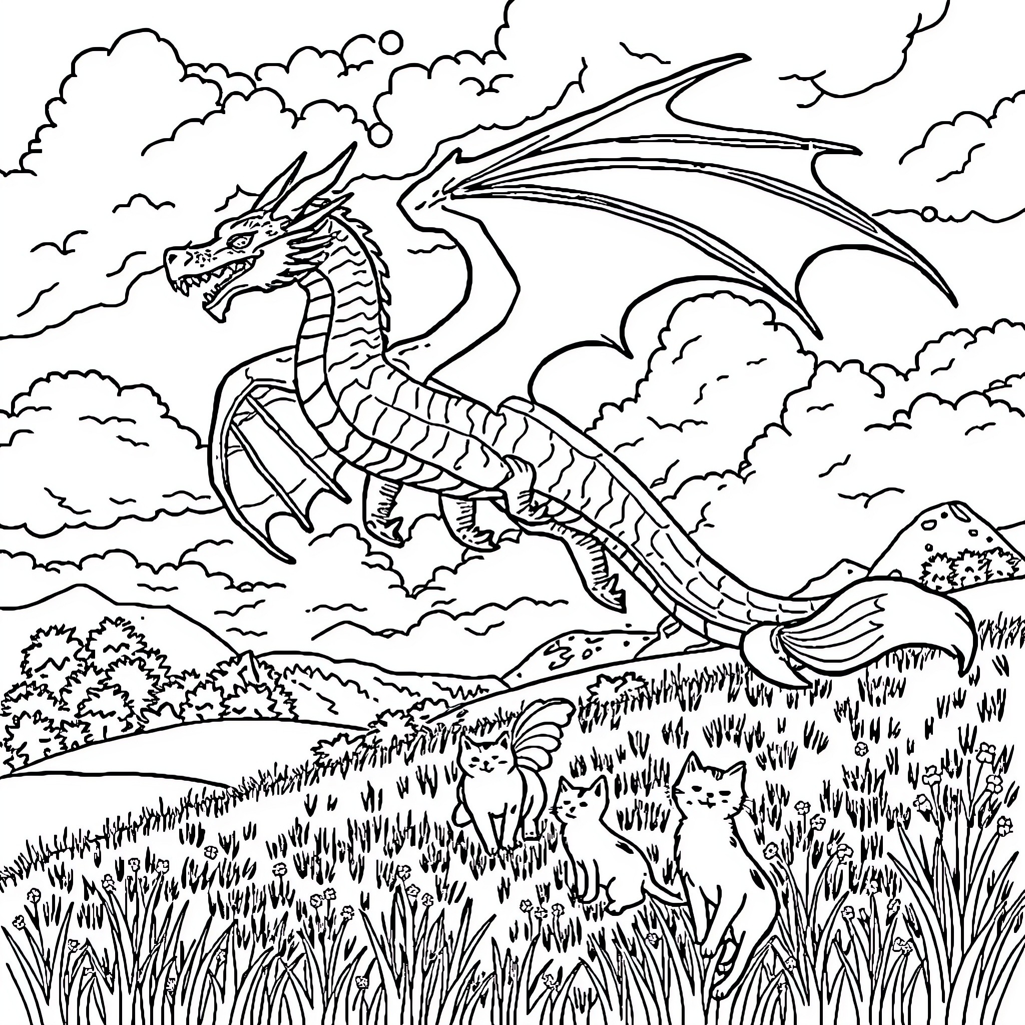 Dragon soaring through the cloudy sky above the meadow Coloring Page (free black-and-white line drawing printable PDF for all, from beginners to advanced learners, including children, teens, adults, and seniors)