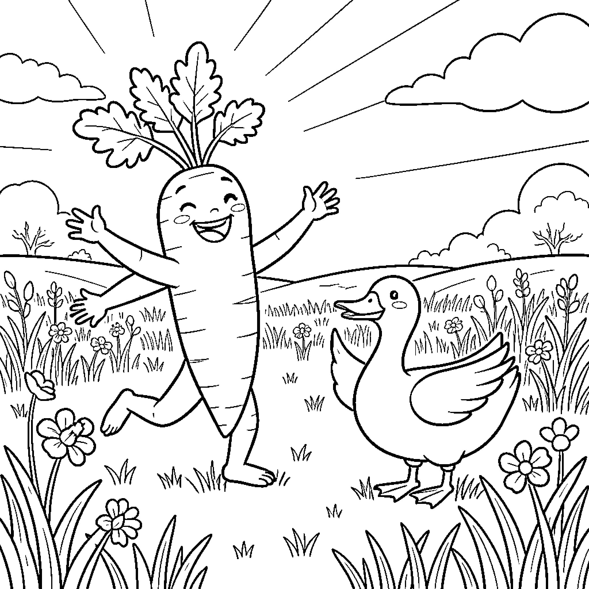 Carotte playing joyfully with a duck in the meadow Coloring Page (free black-and-white line drawing printable PDF for all, from beginners to advanced learners, including children, teens, adults, and seniors)