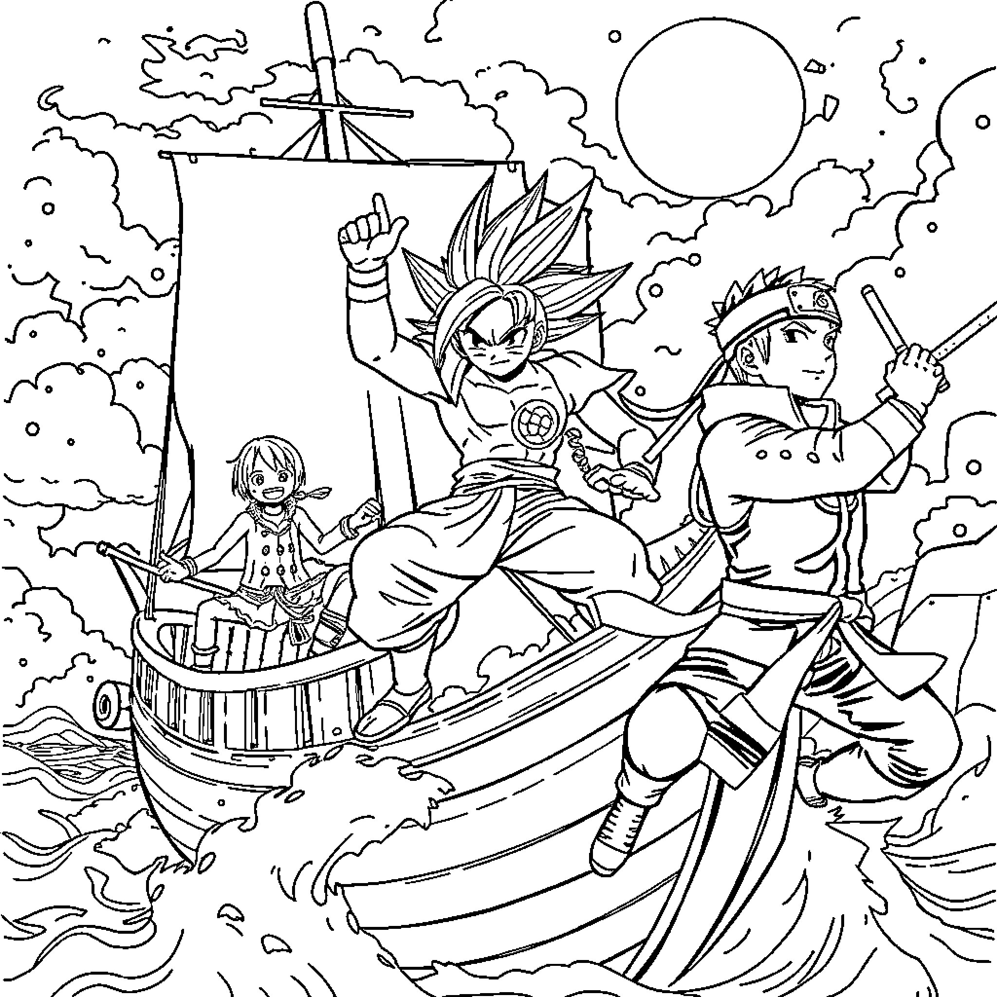 Anime Characters on an Adventurous Ship Voyage Coloring Page (free black-and-white line drawing printable PDF for all, from beginners to advanced learners, including children, teens, adults, and seniors)
