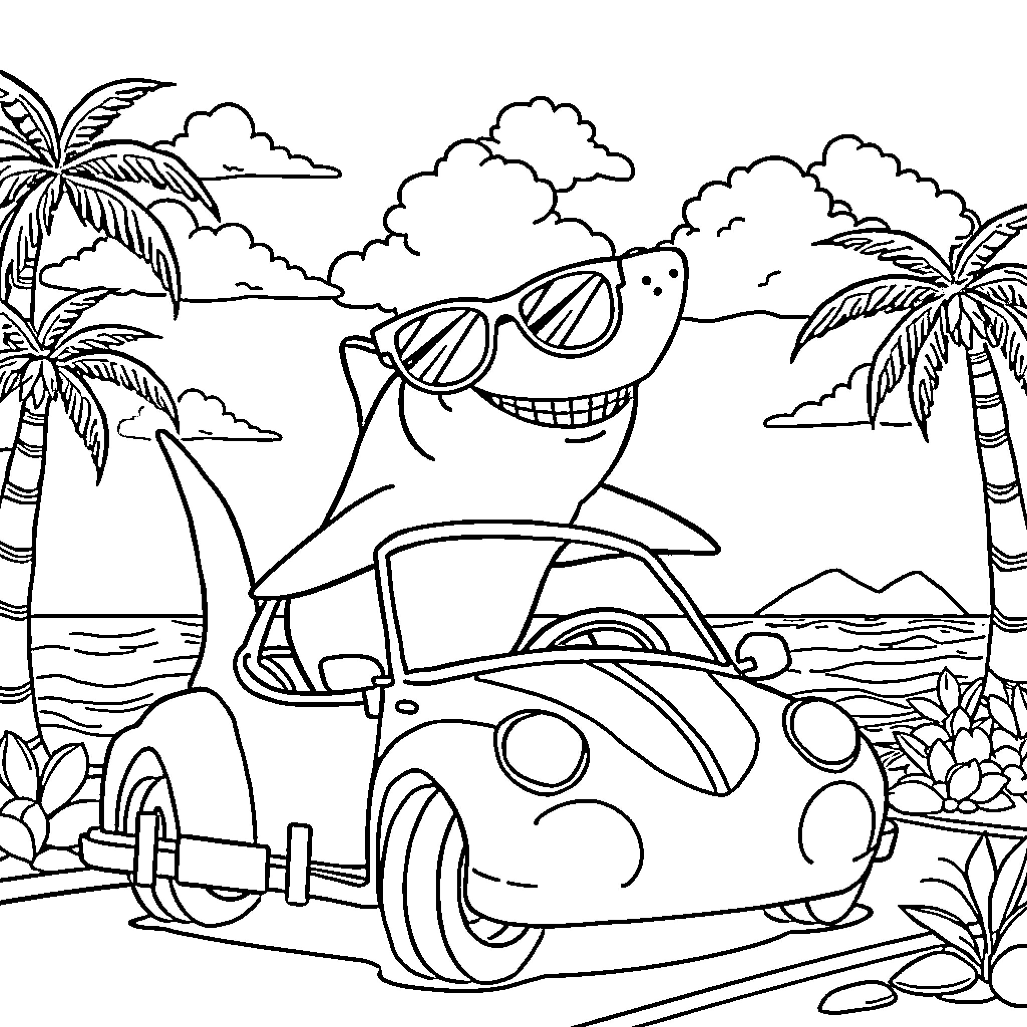 Shark driving a car on a tropical beach Coloring Page (free black-and-white line drawing printable PDF for all, from beginners to advanced learners, including children, teens, adults, and seniors)