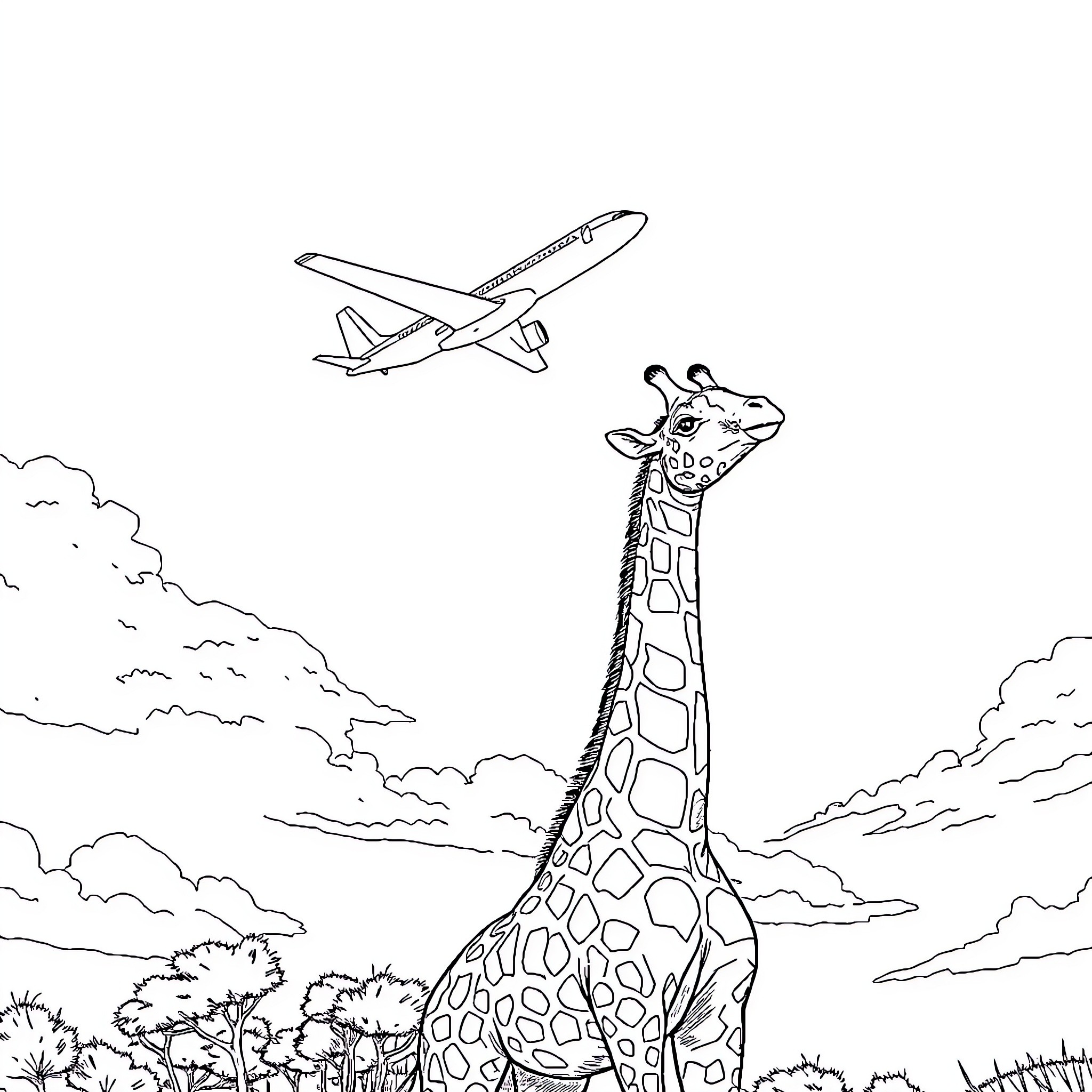 Aeroplane soaring over curious giraffe in nature Coloring Page (free black-and-white line drawing printable PDF for all, from beginners to advanced learners, including children, teens, adults, and seniors)