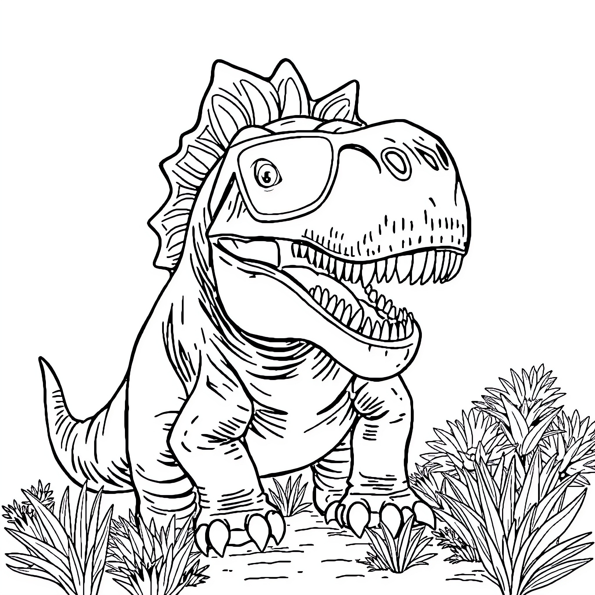 Dinosaur roaring in a lush forest Coloring Page (free black-and-white line drawing printable PDF for all, from beginners to advanced learners, including children, teens, adults, and seniors)