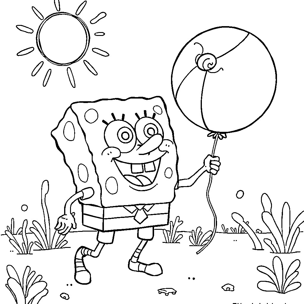 Spongebob enjoying a sunny day with beach ball Coloring Page (free black-and-white line drawing printable PDF for all, from beginners to advanced learners, including children, teens, adults, and seniors)