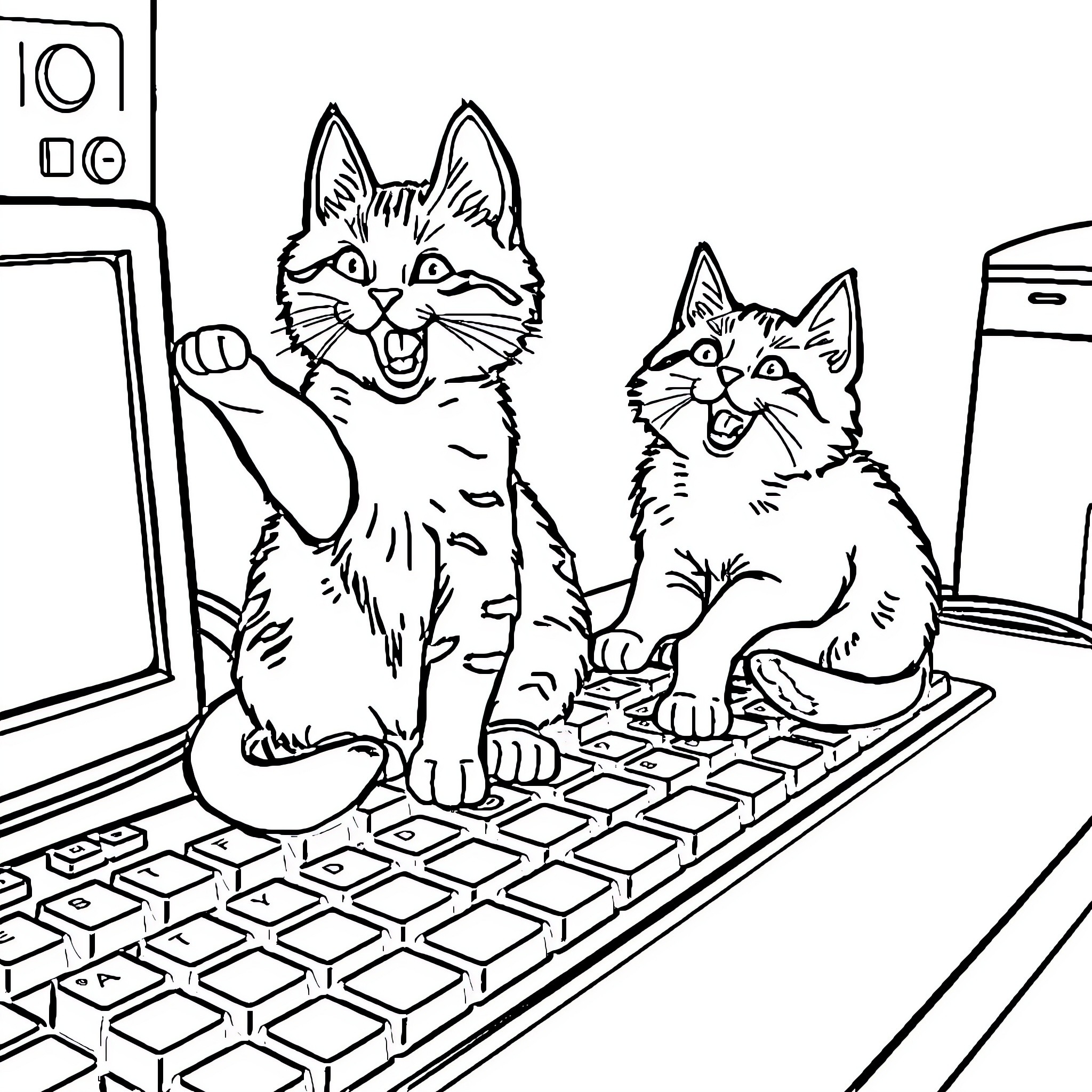 Cats Playing on Computer Keyboard Coloring Page (free black-and-white line drawing printable PDF for all, from beginners to advanced learners, including children, teens, adults, and seniors)