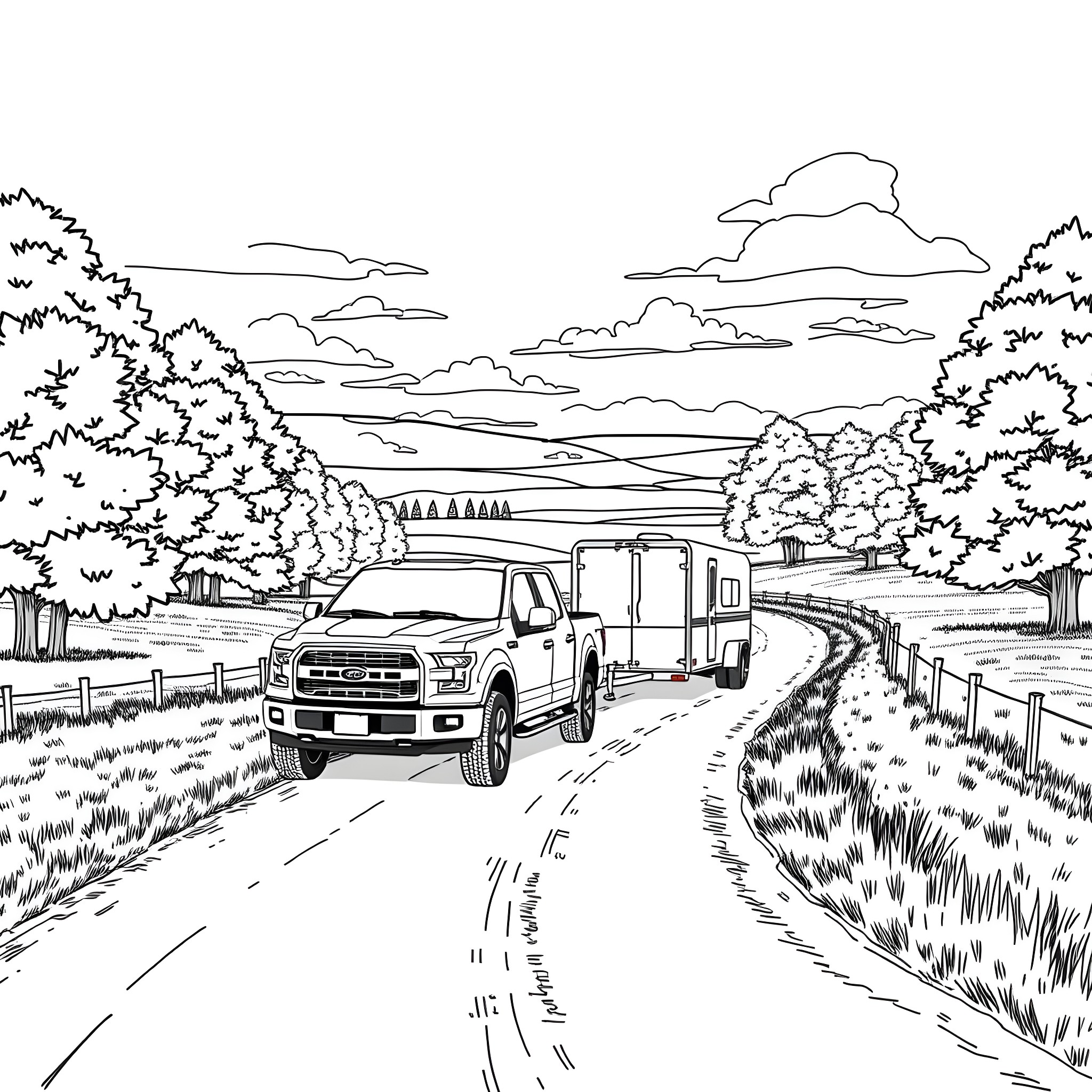 Pickup Truck Towing Trailer Through Scenic Countryside Coloring Page (free black-and-white line drawing printable PDF for all, from beginners to advanced learners, including children, teens, adults, and seniors)