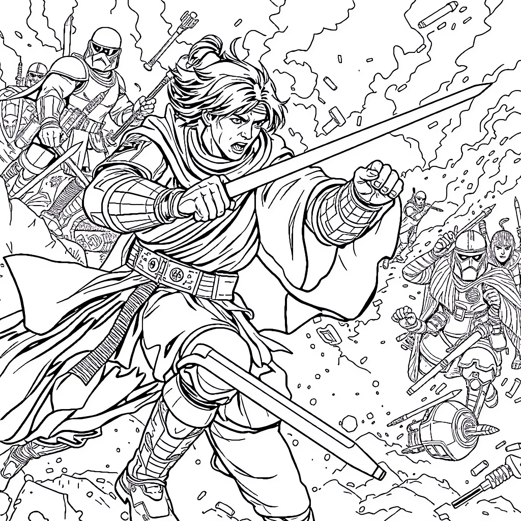 Eren's Heroic Battle Against Overwhelming Foes Coloring Page (free black-and-white line drawing printable PDF for all, from beginners to advanced learners, including children, teens, adults, and seniors)