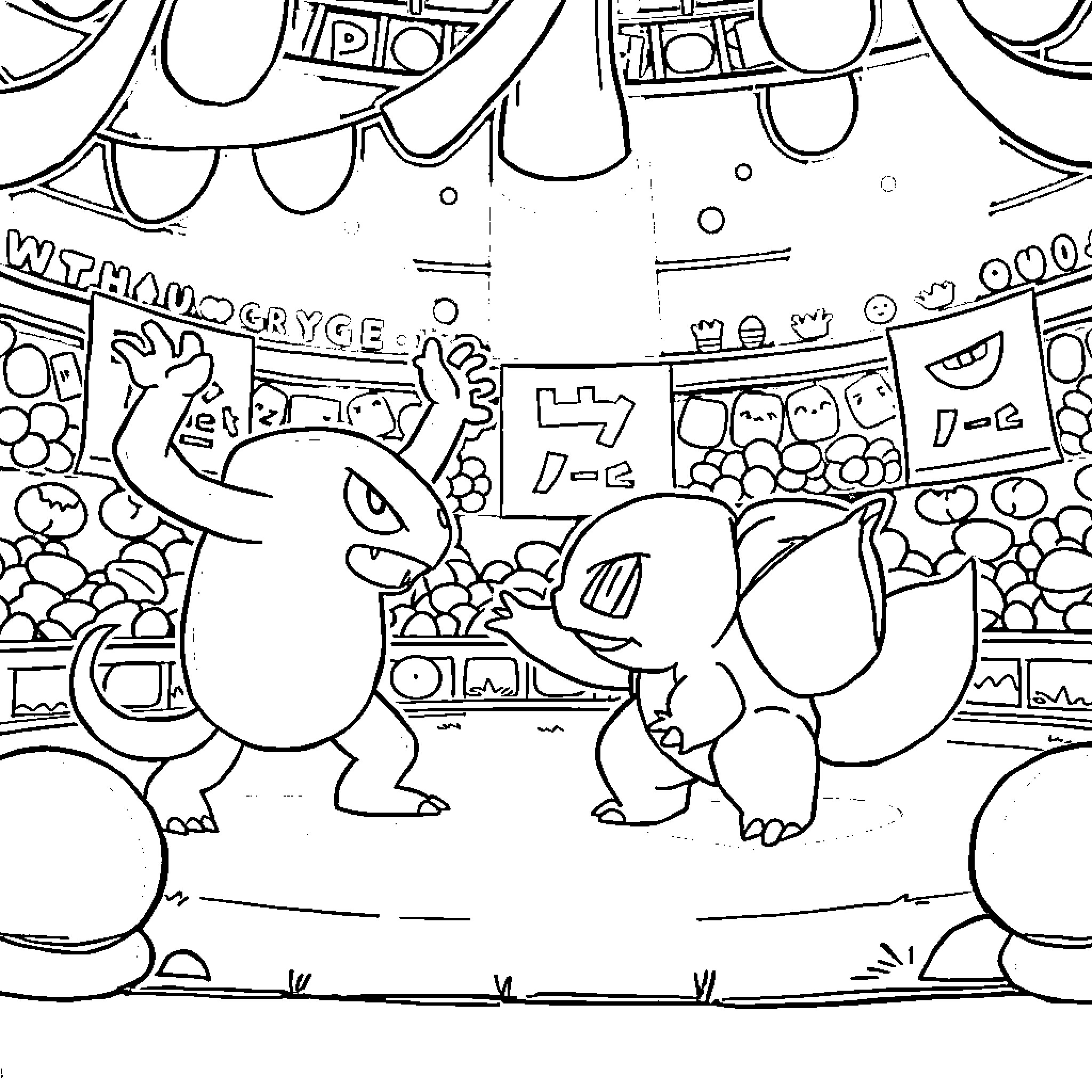 Bulbasaur and Pokemon friends in a fun scene Coloring Page (free black-and-white line drawing printable PDF for all, from beginners to advanced learners, including children, teens, adults, and seniors)