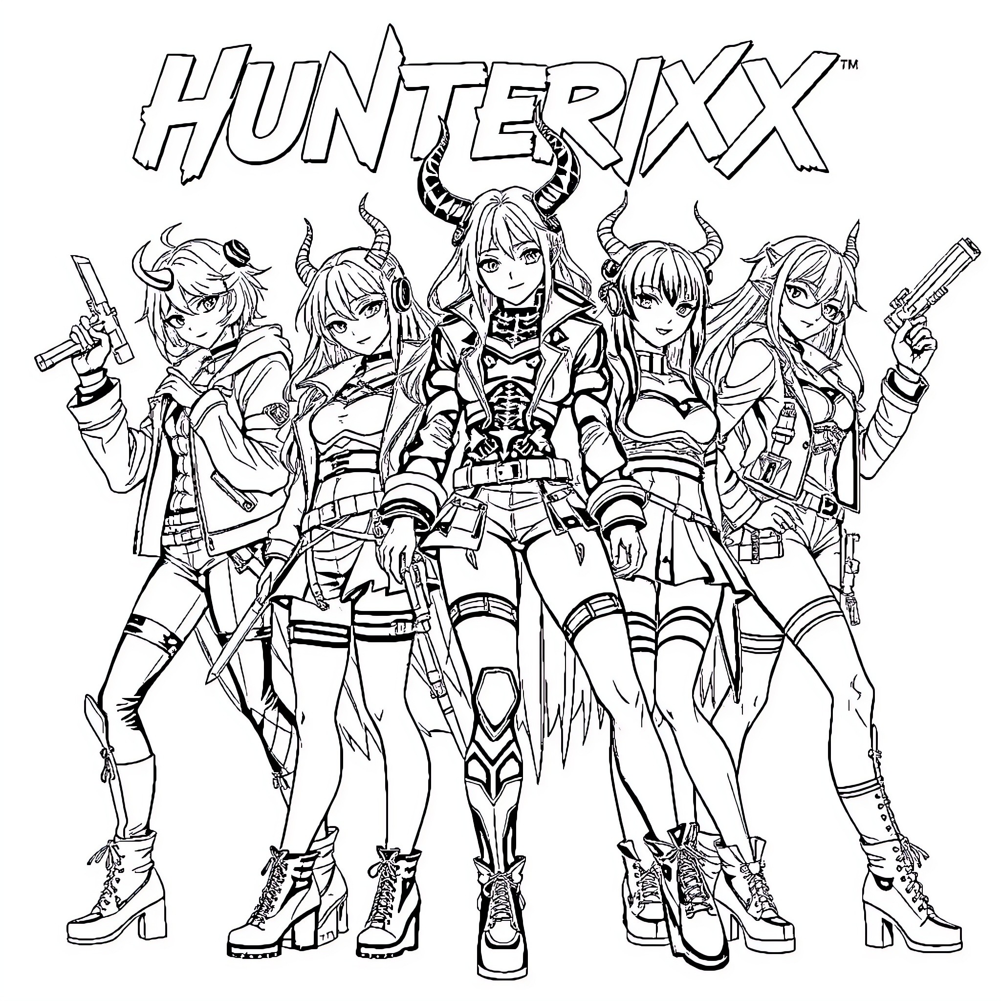 Demon Hunter squad in fierce battle attire Coloring Page (free black-and-white line drawing printable PDF for all, from beginners to advanced learners, including children, teens, adults, and seniors)