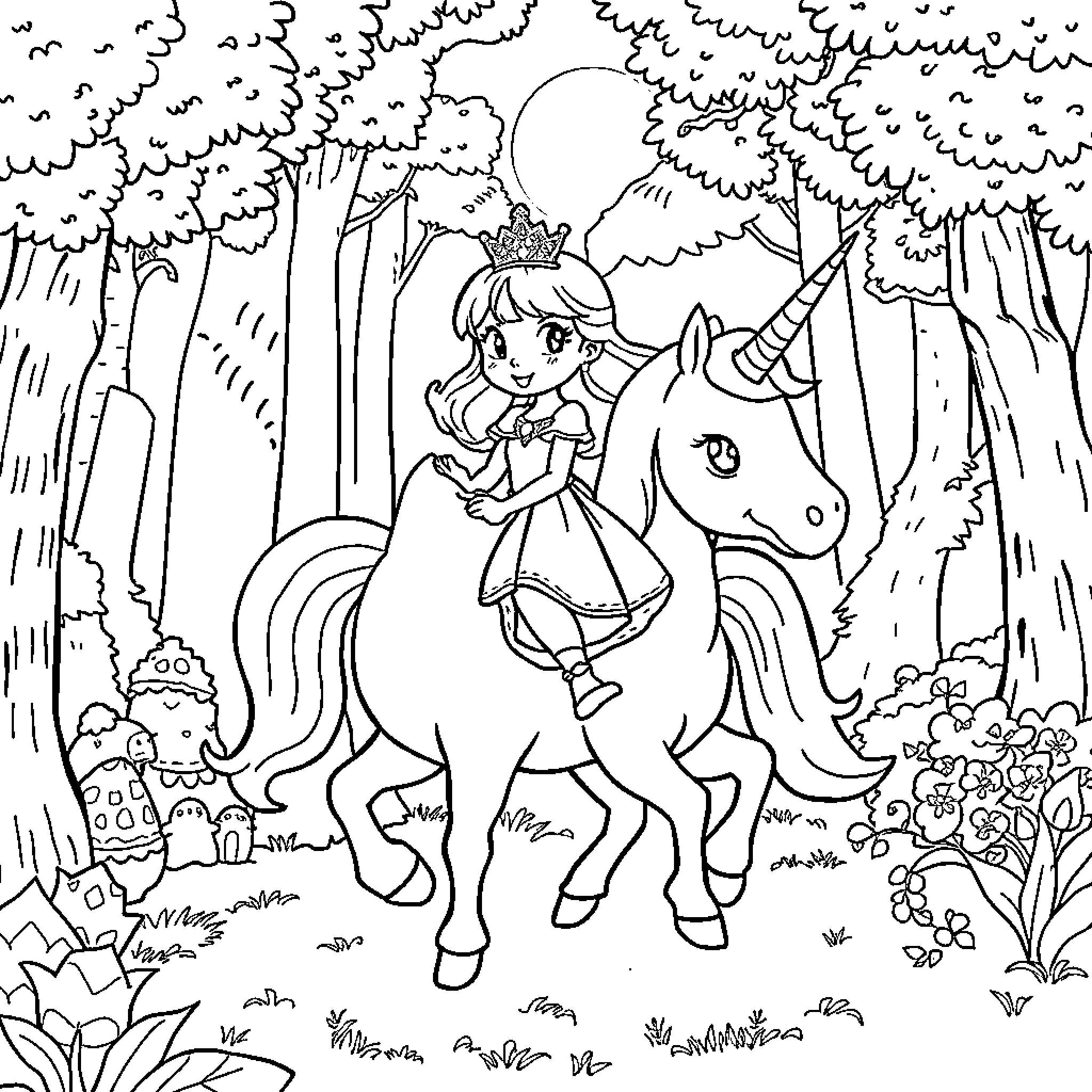 Princess Riding a Magical Unicorn in the Forest Coloring Page (free black-and-white line drawing printable PDF for all, from beginners to advanced learners, including children, teens, adults, and seniors)