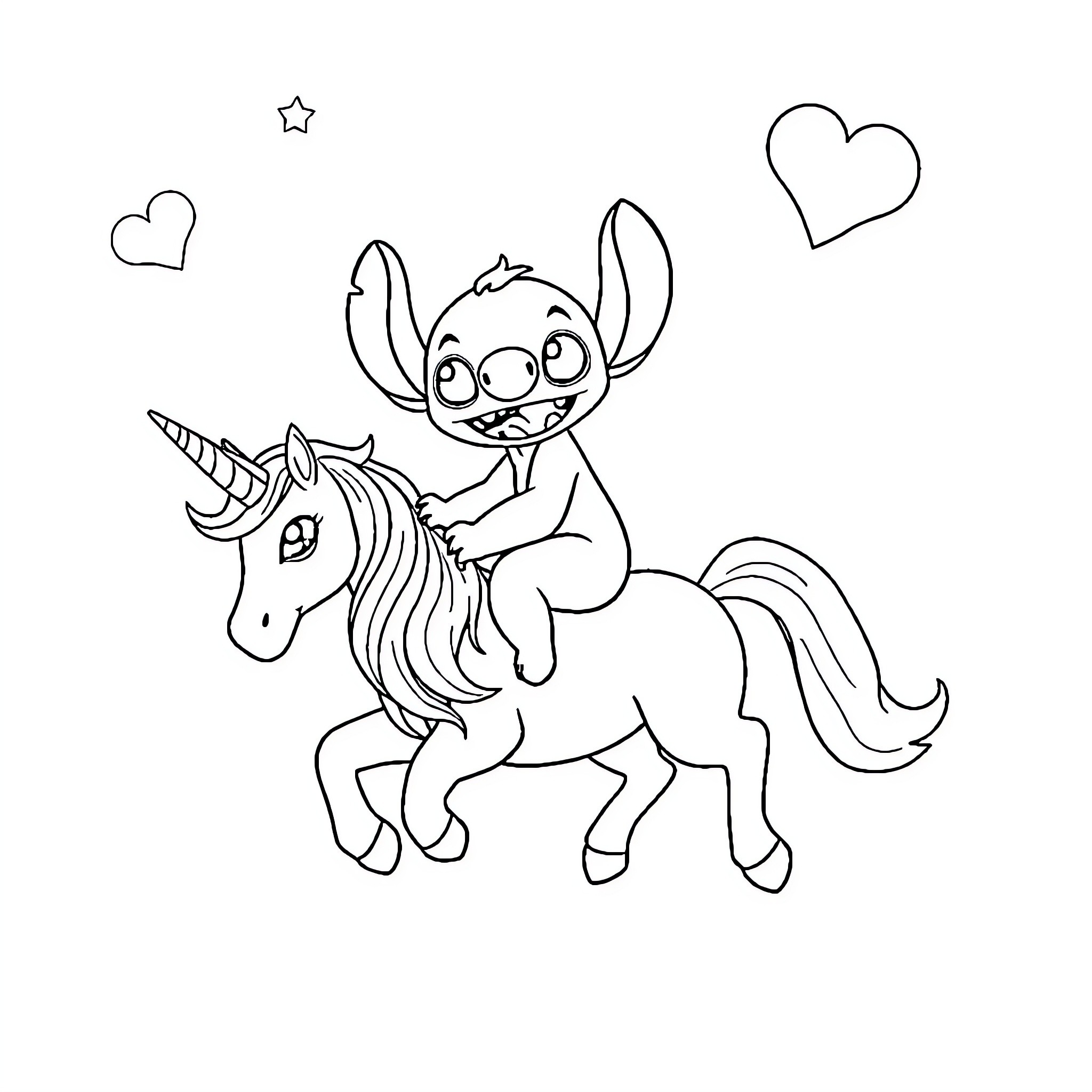Stitch riding a unicorn with hearts Coloring Page (free black-and-white line drawing printable PDF for all, from beginners to advanced learners, including children, teens, adults, and seniors)
