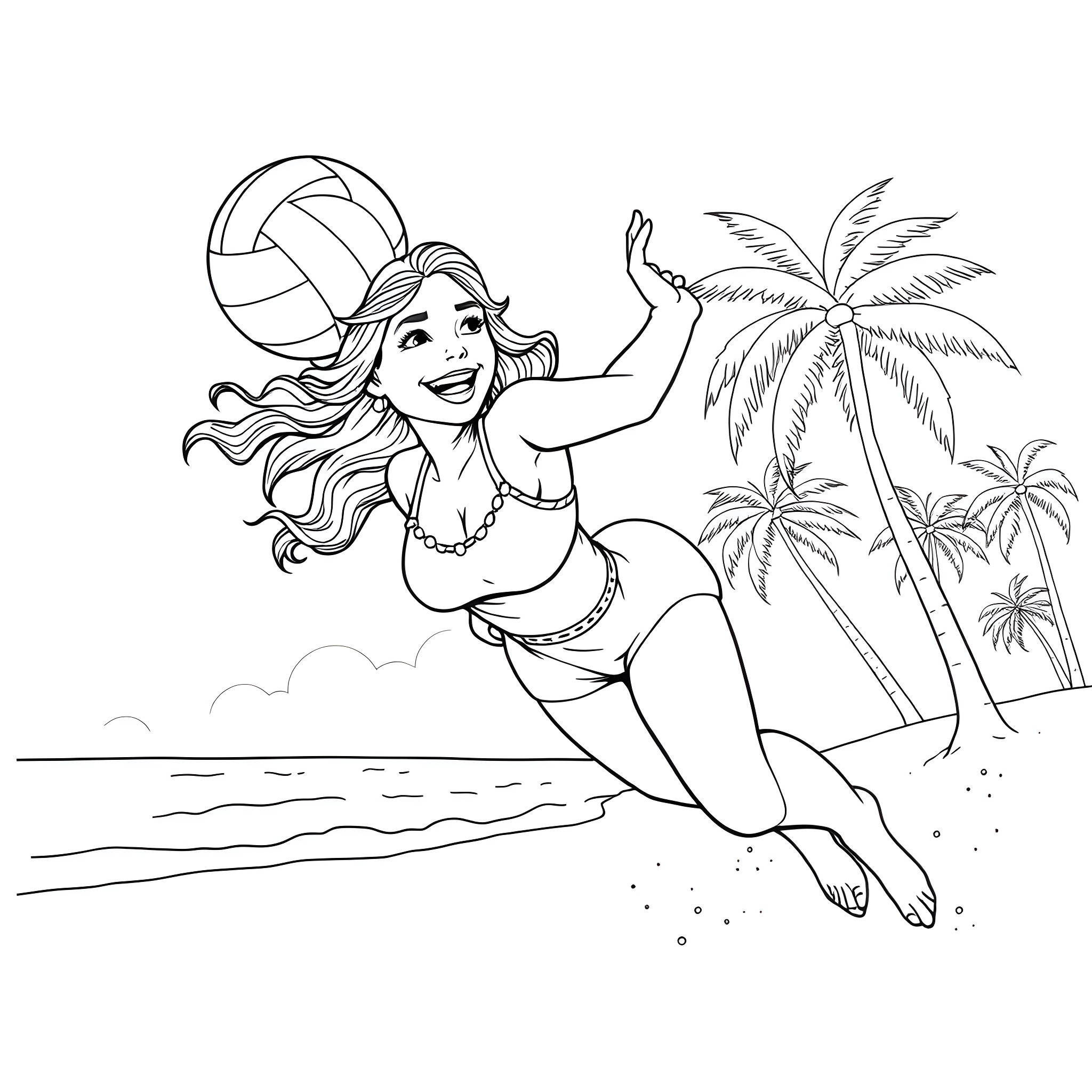 Princess Leia enjoying beach volleyball on a tropical island Coloring Page (free black-and-white line drawing printable PDF for all, from beginners to advanced learners, including children, teens, adults, and seniors)