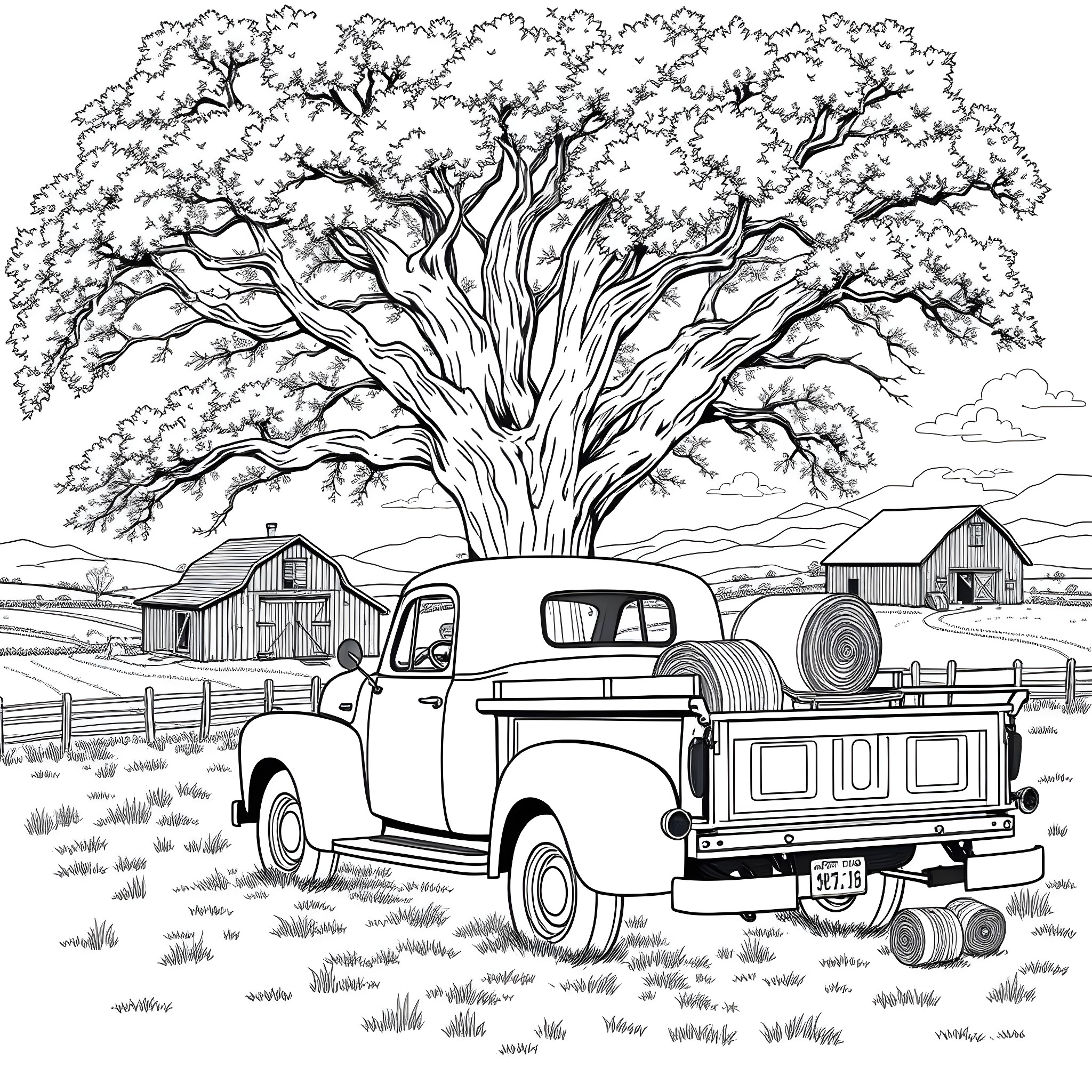 Truck on a rural farm with a large tree Coloring Page (free black-and-white line drawing printable PDF for all, from beginners to advanced learners, including children, teens, adults, and seniors)