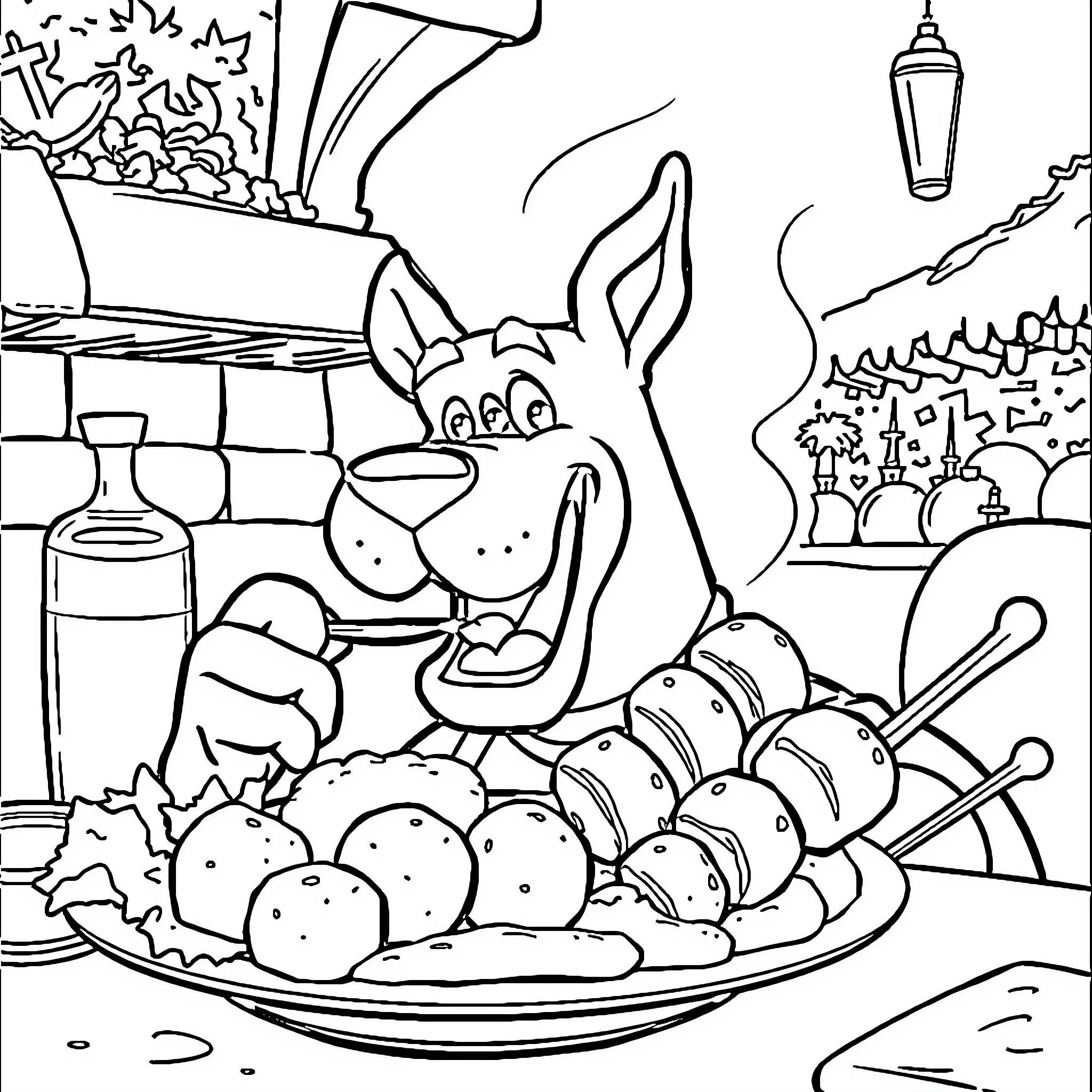 Scooby Doo Enjoys a Delightful Meal Coloring Page (free black-and-white line drawing printable PDF for all, from beginners to advanced learners, including children, teens, adults, and seniors)