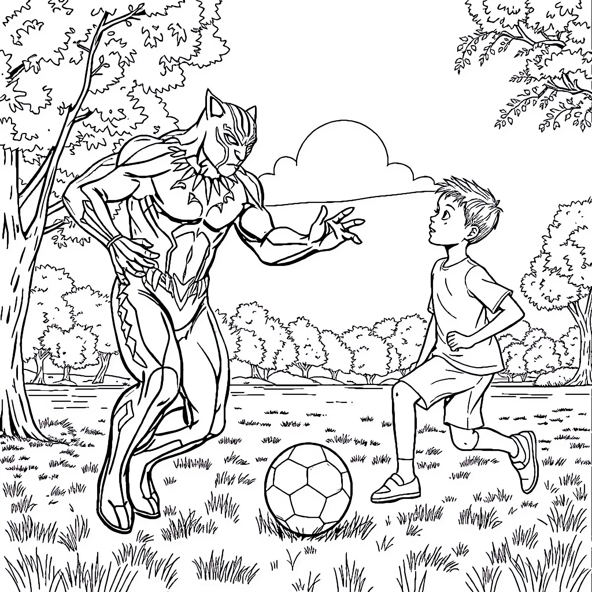 Black Panther playing soccer with young boy in the park Coloring Page (free black-and-white line drawing printable PDF for all, from beginners to advanced learners, including children, teens, adults, and seniors)