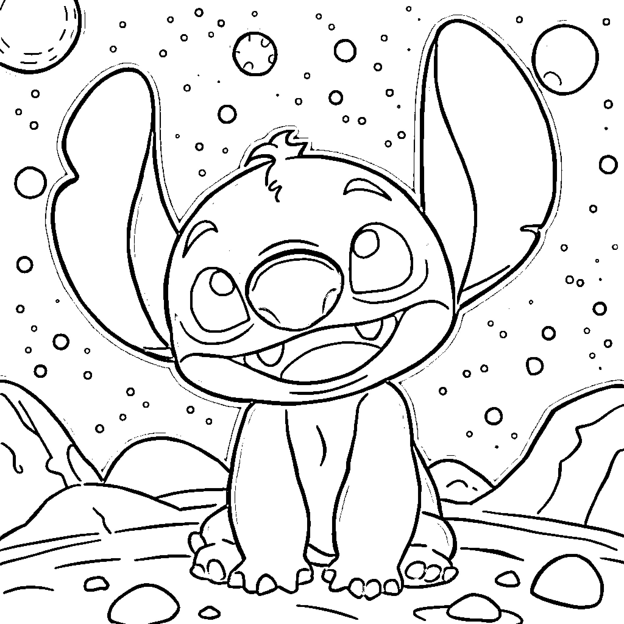 Stitch playing happily in the snowy landscape Coloring Page (free black-and-white line drawing printable PDF for all, from beginners to advanced learners, including children, teens, adults, and seniors)