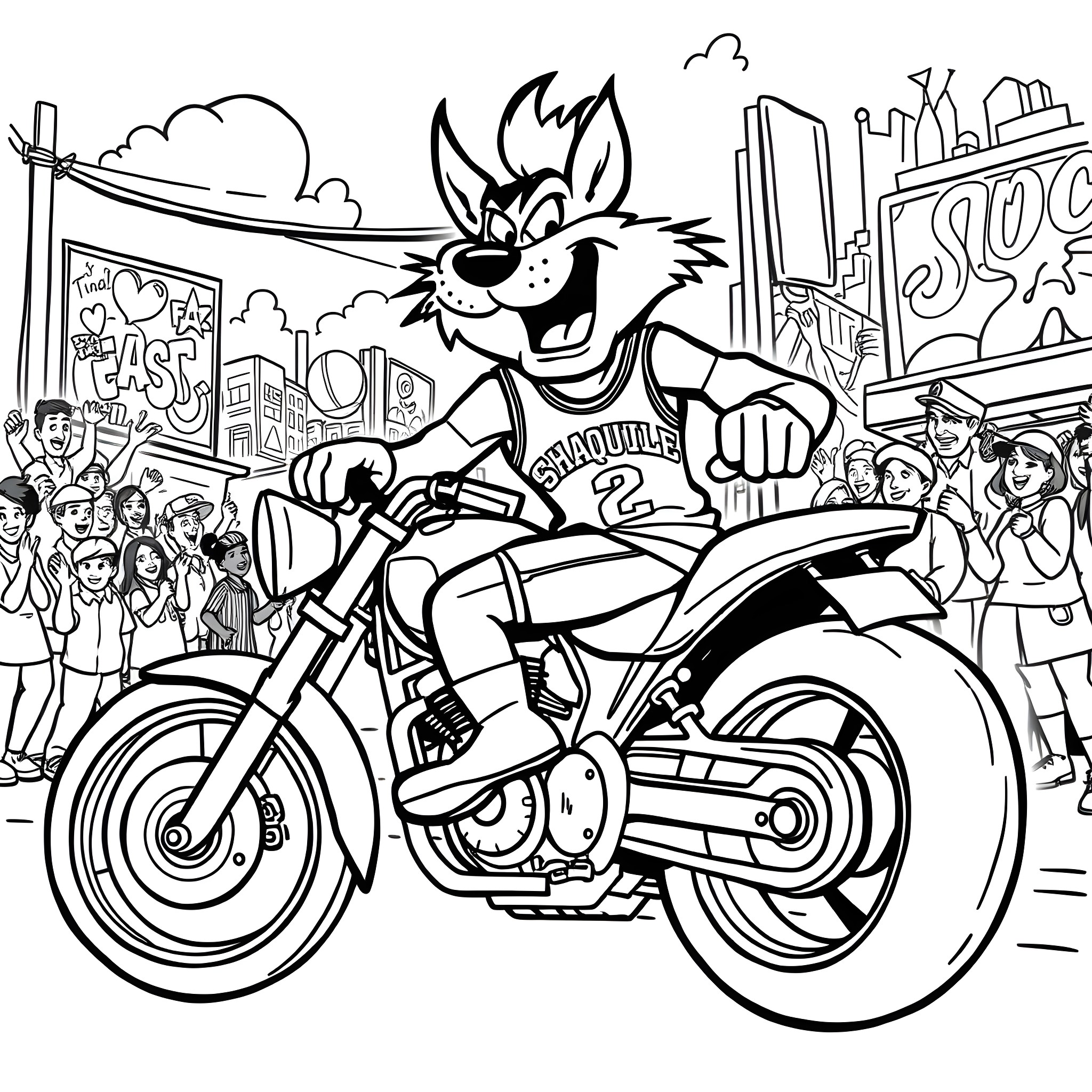 Taz riding a motorcycle through a lively city scene Coloring Page (free black-and-white line drawing printable PDF for all, from beginners to advanced learners, including children, teens, adults, and seniors)