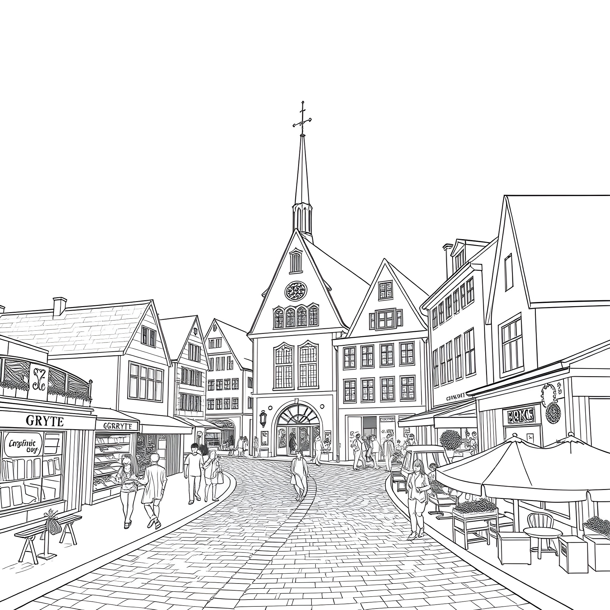 Örgryte historical town square with buildings and people Coloring Page (free black-and-white line drawing printable PDF for all, from beginners to advanced learners, including children, teens, adults, and seniors)