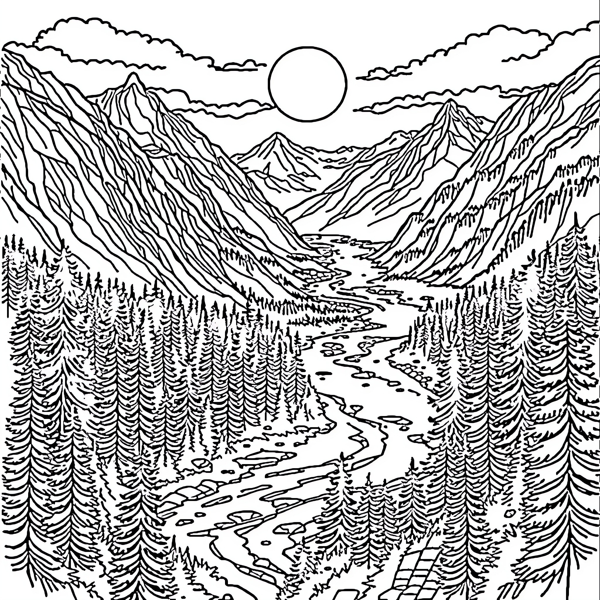World of Majestic Mountain Landscapes Coloring Page (free black-and-white line drawing printable PDF for all, from beginners to advanced learners, including children, teens, adults, and seniors)