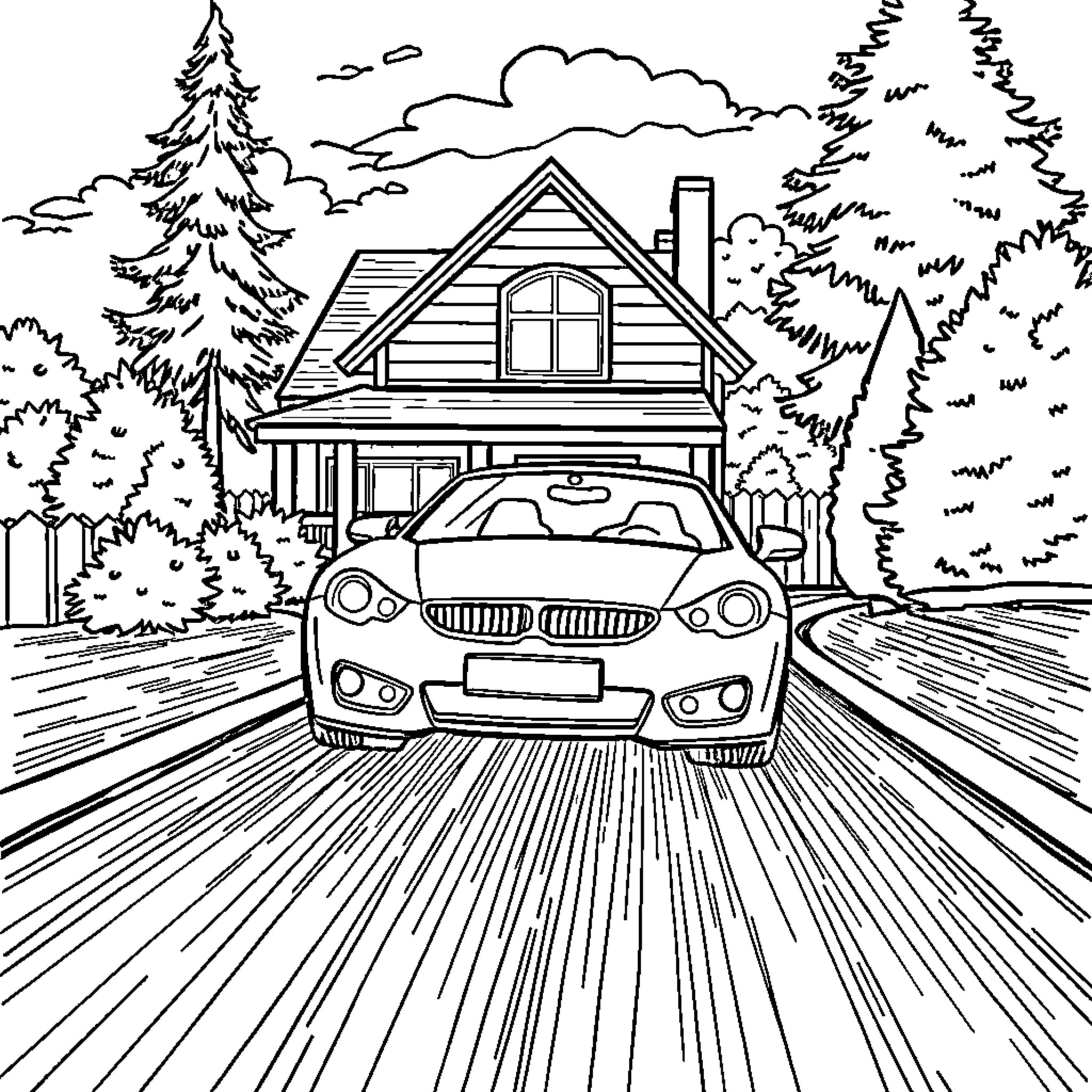 Car driving towards a cozy mountain cabin Coloring Page (free black-and-white line drawing printable PDF for all, from beginners to advanced learners, including children, teens, adults, and seniors)